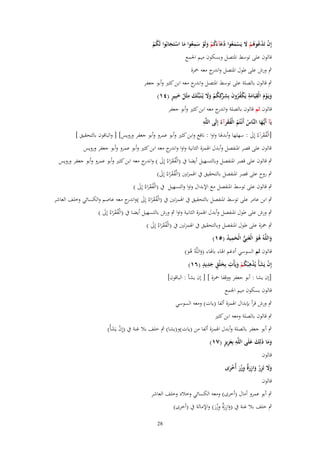 ‫ِ‬
‫إِف تَدعوىم َل يَسمعوا دعآءكم ولَو سمعوا ما استَجابُوا لَكم‬
‫ْ ْ ُ ُ ْ َ ْ َ ُ ُ َ َُ ْ َ ْ َ ُ َ ْ َ‬
‫ُْ‬
‫قالوف على توسط ادلتصل وبسكوف ميم اجلمع‬
‫ٍب ورش على طوؿ ادلتصل و ج معو ْحزة‬
‫اندر‬
‫ٍب قالوف بالصلة على توسط ادلتصل و ج معو ابن كثَت وأبو جعفر‬
‫اندر‬
‫َ ِ ُ َ ٍ‬
‫ويَػوـ الْقيَامة يَكفروف بِش ْكِكم وَل يُػنَبّْئُك مثْل خبِير (ٗٔ)‬
‫َ ْ َ ِ َ ِ ْ ُ ُ َ ِ ر ُ ْ ََ‬
‫قالوف ثم قالوف بالصلة و ج معو ابن كثَت وأبو جعفر‬
‫اندر‬
‫ِ‬
‫يَآ أَيُّػها النَّاس أَنْػتُم الْفقرآءُ إِلَى اللَّو‬
‫ُ ُ َُ‬
‫َ‬
‫[الْفقرآءُ إَِل : سهلها وأبدذلا واوا : نافع وابن كثَت وأبو عمرو وأبو جعفر ورويس] [ والباقوف بالتحقيق ]‬
‫َُ َ‬
‫قالوف على قصر ادلنفصل وأبدؿ اذلمزة الثانية واوا و ج معو ابن كثَت وأبو عمرو وأبو جعفر ورويس‬
‫اندر‬

‫ٍب قالوف على قصر ادلنفصل وبالتسهيل أيضا ُب (الْفقراءُ إَِل ) و ج معو ابن كثَت وأبو عمرو وأبو جعفر ورويس‬
‫ُ َ َ َ اندر‬
‫ٍب روح على قصر ادلنفصل بالتحقيق ُب اذلمزتُت (الْفقراءُ إَِل)‬
‫ُ ََ َ‬

‫ٍب قالوف على توسط ادلنفصل مع اإلبداؿ واوا والتسهيل ُب (الْفقراءُ إَِل )‬
‫ُ ََ َ‬

‫ٍب ابن عامر على توسط ادلنفصل بالتحقيق ُب اذلمزتُت ُب (الْفقراءُ إَِل )و ج معو عاصم والكسائي وخلف العاشر‬
‫ُ َ َ َ اندر‬
‫ٍب ورش على طوؿ ادلنفصل وأبدؿ اذلمزة الثانية واوا ٍب ورش بالتسهيل أيضا ُب (الْفقراءُ إَِل )‬
‫ُ ََ َ‬

‫ٍب ْحزة على طوؿ ادلنفصل وبالتحقيق ُب اذلمزتُت ُب (الْفقراءُ إَِل )‬
‫ُ ََ َ‬
‫واللَّوُ ىو الْغَنِي الْحميد (٘ٔ)‬
‫َ ُ َ ُّ َ ِ ُ‬
‫قالوف ثم السوسي أدغم اذلاء باذلاء (واللَّوُ ىو)‬
‫َ َُ‬
‫ِ‬
‫ِ َ ٍ ٍِ‬
‫إِف يَشأْ يُذى ْبكم ويَأْت بِخلْق جديد (ٙٔ)‬
‫َ‬
‫ْ َ ْ ُْ َ‬
‫[إف يشا : أبو جعفر ووقفا ْحزة ] [ إف يشأ : الباقوف]‬
‫قالوف بسكوف ميم اجلمع‬
‫ٍب ورش قرأ بإبداؿ اذلمزة ألفا (يات) ومعو السوسي‬
‫ٍب قالوف بالصلة ومعو ابن كثَت‬

‫ٍب أبو جعفر بالصلة وأبدؿ اذلمزة ألفا من (يات)و(يشا) ٍب خلف بال غنة ُب (إِف يَشأْ)‬
‫ْ َ‬
‫ِ َِ ٍ‬
‫وما ذَلِك علَى اللَّو بِعزيز (ٚٔ)‬
‫ََ َ َ‬
‫قالوف‬
‫وَل تَزر وازرٌ وزر أُخرى‬
‫َ َ ِ ُ َ ِ َة ِ ْ َ ْ َ‬
‫قالوف‬
‫ٍب أبو عمرو أماؿ (أخرى) ومعو الكسائي وخالد وخلف العاشر‬
‫ِ‬
‫ٍب خلف بال غنة ُب (وازرٌ وزر) واإلمالة ُب (أخرى)‬
‫َ َة ِْ َ‬
‫82‬

 