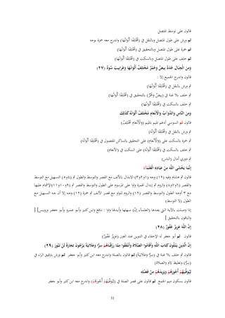 ‫قالوف على توسط ادلتصل‬

‫ثم ورش على طوؿ ادلتصل وبالنقل ُب ُْتَلِفا أَلْوانػُها) و ج معو ْحزة بوجو‬
‫(سل ً َ َ اندر‬
‫ثم ْحزة على طوؿ ادلتصل وبالتحقيق ُب ُْتَلِفا أَلْوانػُها)‬
‫(سل ً َ َ‬
‫ثم خلف على طوؿ ادلتصل وبالسكت ُب ُْتَلِفا أَلْوانػُها)‬
‫(سل ً َ َ‬
‫ومن الْجبَاؿ جدد بِيْ وحمر مختَلِف أَلْوانُػها وغَرابِيب سود (ٕٚ)‬
‫َِ َ ِ ِ ُ َ ٌ ٌ َ ُ ْ ٌ ُ ْ ٌ َ َ َ َ ُ ُ ٌ‬
‫قالوف و ج اجلميع إال :‬
‫اندر‬
‫ٍب ورش بالنقل ُب ُْتَلِفا أَلْوانػُها)‬
‫(سل ً َ َ‬
‫ٍب خلف بال غنة ُب (بِيض و ُْر) بالتحقيق ُب ُْتَلِفا أَلْوانػُها)‬
‫(سل ً َ َ‬
‫ٌ َْحٌ‬
‫ٍب خلف بالسكت ُب ُْتَلِفا أَلْوانػُها)‬
‫(سل ً َ َ‬
‫ومن النَّاس و َّوآب واْلَنْػعاـ مختَلِف أَلْوانُوُ كذلِك‬
‫َ ِ َ ِ َالد َ ّْ َ ْ َ ِ ُ ْ ٌ َ َ َ َ‬
‫قالوف ثم السوسي أدغم ادليم بادليم (واألَنْػعاـ ُْتَلِف)‬
‫َ ْ َ ِ سل ٌ‬
‫ٍب ورش بالنقل ُب ُْتَلِفا أَلْوانُوَ)‬
‫(سل ً َ‬
‫ْ ِ‬
‫ٍب ْحزة بالسكت على (واألَنْػعاـ) على التحقيق بالساكن ادلفصوؿ ُب ُْتَلِفا أَلْوانُوَ)‬
‫َ َ‬
‫(سل ً َ‬
‫ٍب خلف بالسكت ُب ُْتَلِفا أَلْوانُوَ) على السكت ُب (األنعاـ)‬
‫(سل ً َ‬

‫ٍب دوري أماؿ (الناس)‬
‫ِ ْ َ َّ ِ ِ ِ ِ‬
‫ْ‬
‫َُ‬
‫َ‬
‫إنَّما يَخشى اللوَ من عبَاده الْعلَمآءُ‬
‫قالوف ٍب ىشاـ وفيو (ٕٔ) وجو (ٔوٕوٖ) االبداؿ باأللف مع القصر والتوسط والطوؿ ٍب (ٗو٘) التسهيل مع التوسط‬
‫والقصر (ٙوٚوٛ) والروـ ٍب إبداؿ اذلمزة واوا على ادلرسوـ على الطوؿ والتوسط والقصر ٍب (ٜوٓٔؤٔ)اإلمشاـ عليهػا‬
‫مػػع ٖ أوجػػو الطػػوؿ والتوسػػط والقصػػر (ٕٔ) والػػروـ للػواو مػػع قصػػر األلػػف ٍب ْحػػزة (ٕٔ) وجػػو إال أف جػػو التسػػهيل مػػع‬
‫الطوؿ (ال التوسط)‬
‫إذا وصػػلت باآليػػة الػػيت بعػػدىا (العلمػػ)ء إف) سػػهلها وأبػػدذلا واوا : نػػافع وابػػن كثػػَت وأبػػو عمػػرو وأبػػو جعفػػر ورويػػس] [‬
‫ّ‬
‫والباقوف بالتحقيق ]‬
‫َّ‬
‫إِف اللَّوَ عزيز غَفور (ٕٛ)‬
‫َِ ٌ ُ ٌ‬

‫قالوف ثم أبو جعفر لو اإلخفاء ُب التنوين عند الغُت (عزيز غفور)‬
‫َِ ٌ َُ ٌ‬
‫ِ‬
‫ِ‬
‫إِف الَّذين يَػ ْتػلُوف كِتَاب اللَّو وأَقَاموا الصَلةَ وأَنْػفقوا مما رزقْنَاىم سرا وعَلنِيَةً يَػرجوف تِجارةً لَن تَػبُور (ٜٕ)‬
‫َّ َ َ َ ُ ِ َّ َ َ ػ ُ ْ ِ ِّ َ َ َ‬
‫َ َ‬
‫َ ُ‬
‫ُْ َ َ َ ْ َ‬
‫َّ َ‬
‫قالوف ٍب خلف بال غنػة ُب (سػرا وعالنِيَػةً) ثػم قػالوف بالصػلة وان ج معػو ابػن كثػَت وأبػو جعفػر ثػم ورش بًتقيػق الػراء ُب‬
‫ػدر‬
‫ِ ِّ َ َ َ‬
‫(سرا) وتغليظ الـ (الصالة)‬
‫ِ ِّ‬
‫َِ ِ ْ ِ‬
‫لِيُػوفّْػيَػهم أُجورىم ويَزيدىم من فَضلِو‬
‫َ ُ ْ ُ َُ ْ َ ُ ْ ْ‬

‫قالوف بسكوف ميم اجلمع ثم قالوف على قصر الصلة ُب (لِيُػوفّْػيَػهم أُجورىم) و ج معو ابن كثَت وأبو جعفر‬
‫َ ُ ْ ُ َ ُ ْ اندر‬
‫13‬

 