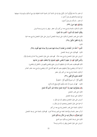 ‫ٍب خلف بال غنة (ولُولُو) أبدؿ األوَل واوا ولو ُب الثانية أبدؿ اذلمزة الثانية ادلتطرفة واوا مع السكوف والروـ ولػو تسػهيلها‬
‫َ‬
‫مع الروـ وبالتحقيق ُب ِ‬
‫(من أَساور )‬
‫ْ َ َِ‬
‫ِ‬
‫ٍب خلف بالسكت ُب (من أَساور)‬
‫ْ َ َِ‬
‫ولِبَاسهم فِيها حرير (ٖٖ)‬
‫َ ُُ ْ َ ٌَِ‬
‫قالوف ٍب قالوف بالصلة و ج معو ابن كثَت وأبو جعفر ورقق راء (حرير) وصال ورش‬
‫اندر‬
‫ُ ِ ِ‬
‫وقَالُوا الْحمد لِلَّو الَّذي~ أَذىب عنَّا الْحزف‬
‫َْ َ َ ََ َ‬
‫َْ‬
‫َ‬
‫قالوف على قصر ادلنفصل ٍب قالوف على توسط ادلنفصل ٍب ورش على طوؿ ادلنفصل و ج معو ْحزة‬
‫اندر‬
‫إِف ربَّػنَا لَغَفور شكور (ٖٗ)‬
‫َّ َ ُ ٌ َ ُ ٌ‬

‫قالوف‬
‫ِِ‬
‫ِ‬
‫ِ‬
‫الَّذي~ أَحلَّنَا دار الْمقامة من فَضلِو َل يَمسنَا فِيها نَصب وَل يَمسنَا فِيها لُغُوب (ٖ٘)‬
‫ٌ‬
‫َ َ َ ُ َ َ ْ ْ َ َ ُّ َ َ ٌ َ َ َ ُّ َ‬
‫قالوف ثم قالوف على توسط ادلنفصل‬
‫ٍب ورش على طوؿ ادلنفصل و ج معو خالد ثم خلف على طوؿ ادلنفصل وبال غنة ُب (نَصب وال)‬
‫اندر‬
‫َ ٌ ََ‬
‫ِ‬
‫ِ‬
‫والَّذين كفروا لَهم نَار جهنَّم َل يُػقضى علَْيهم فَػيَموتُوا وَل يُخفف ع ْنػهم من عذابِها‬
‫َ َ َ َ ُ ُ ْ ُ َ َ َ َ ْ َ َ ِ ْ ُ َ َ َ َّ ُ َ ُ ْ ْ َ َ َ‬
‫قالوف ثم يعقوب بضم اذلاء ُب (عليهم) ٍب ورش بفتح (يقضى) ثم ورش بالتقليل ُب (يقضى)‬
‫ُ‬
‫ٍب ْحزة أماؿ (يقضى) وقرأ (عليهم) بضم اذلاء ثم الكسائي أماؿ (يقضى) و ج معو خلف العاشر‬
‫اندر‬
‫ُ‬

‫ٍب قالوف بالصلة و ج معو ابن كثَت وأبو جعفر‬
‫اندر‬
‫َ َ َ ْ ِ ُ َّ َ ُ ٍ‬
‫كذلِك نَجزي كل كفور (ٖٙ)‬
‫[غلزي كل : أبو عمرو] [صلزي كل : الباقوف]‬
‫َْ ِ ُ َّ‬
‫ُْ ِ ُ ُّ‬

‫قالوف ثم أبو عمرو قرأ بالياء (غلزى كل) ورفع الـ (كل)‬
‫َُ ُ‬
‫ِ‬
‫وىم يَصطَرخوف فِيها ربَّػنَآ أَخرجنَا نَػعمل صالِحا غَْيػر الَّذي كنَّا نَػعمل‬
‫َُ ْ ْ ُِ َ َ َ ْ ِْ َْ ْ َ ً َ‬
‫ُ َْ ُ‬
‫قالوف على قصر ادلنفصل‬
‫ٍب قالوف على توسط ادلنفصل‬
‫ٍب ورش على طوؿ ادلنفصل وبًتقيق الراء ُب (غْيػر )‬
‫ََ‬

‫ٍب ْحزة على طوؿ ادلنفصل وبتفخيم الراء ُب (غْيػر )‬
‫ََ‬

‫ٍب قالوف بالصلة على قصر ادلنفصل و ج معو ابن كثَت‬
‫اندر‬

‫ٍب أبو جعفر بالصلة وباإلخفاء للغنة مع الغُت (صاحلاً غَت) ثم قالوف بالصلة على توسط ادلنفصل‬
‫ُ ِ‬
‫ِ‬
‫أَولَم نُعم ْكم ما يَػتَذكر فِيو من تَذكر وجآءكم النَّذير‬
‫ُ‬
‫َ ْ ػ َ ّْ رُ ْ َ َ َّ ُ َ ْ َ َّ َ َ َ َ ُ‬

‫قالوف على توسط ادلتصل وبسكوف ميم اجلمع‬

‫ٍب ورش على طوؿ ادلتصل ورقق راء (النَير) وصال‬
‫33‬

 