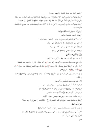 ‫ٍب قالوف بالصلة على توسط ادلنفصل وبالتسهيل واإلدخاؿ‬
‫ٍب ورش (ٛ) أوجو البدؿ مع اللُت (آذلة ..وشيئا)(ٗ) أوجو مػع تسػهيل اذلمػزة الثانيػة ومػع قصػر البػدؿ وتوسػطو وطولػو‬
‫على توسط شيئا ٍب طوؿ البدؿ على طوؿ شيئا وقرأ وقفا (ينقَوف) ووصال بياء مع ادلد ادلنفصل (ٙ) كات)‬
‫حر‬
‫ٍب ورش (ٗ) أوجو البدؿ مع اللُت مع وجو اإلشباع ُب ادلد ُب (آختَ) وقرأ وقفا (ينقَوف) ووصػال بيػاء مػع ادلػد ادلنفصػل‬
‫(ٙ) كات)‬
‫حر‬
‫ٍب ابن كثَت بتسهيل الثانية (أاَختَ) وبالصلة‬
‫ٍب ىشاـ بالتحقيق واإلدخاؿ (آاَختَ)‬
‫ٍب ابن ذكواف بالتحقيق فقط و ج معو عاصم والكسائي وخلف العاشر‬
‫اندر‬
‫ٍب خلف على طوؿ ادلنفصل وبال غنة والسكت على (شيئا)‬
‫ٍب خالد على طوؿ ادلنفصل وبغنة والسكت على (شيئا)‬
‫ٍب خالد على طوؿ ادلنفصل وبالتحقيق على (شيئا)‬
‫ً ِ ََ ٍ ُ ٍ‬
‫إِنّْي~ إِذا لَفي ضَلؿ مبِين (ٕٗ)‬
‫[ إِنَ إذا : نافع وأبو عمرو وأبو جعفر ] [ إِن~ إذا : الباقوف]‬

‫قالوف فتح الياء ُب (إِِنَ ) ومعو ورش وأبو عمرو وأبو جعفر ٍب ابن كثَت بسكوف الياء ُب (إِِن) على قصر ادلنفصل‬
‫ّْ‬
‫ّْْ‬

‫ٍب ابن عامر على توسط ادلنفصل وبسكوف الياء ُب (إِِن~ إِذا) ٍب ْحزة على طوؿ ادلنفصل وبسكوف الياء ُب (إِِن~ إِذا)‬
‫ّْ ً‬
‫ّْ ً‬
‫ِ‬
‫إِنّْي~ َم ْنت بِربّْكم فَاسمعوف (ٕ٘)‬
‫آَ ُ َ ُ ْ ْ َ ُ‬
‫[ إِنَ أمنت: نافع وابن كثَت وأبو عمرو وأبو جعفر ] [ إِن~ أمنت : الباقوف][فامسعوِن : يعقوب ُب احلالُت][ فامسعوف‬
‫: الباقوف]‬

‫قالوف فتح الياء ُب (إِِنَ ) ومعو ورش وأبو عمرو‬
‫ّْ‬

‫ٍب قالوف بالصلة فتح الياء ُب (إِِنَ ) و ج معو ابن كثَت وأبو جعفر‬
‫ّْ اندر‬

‫ٍب ورش فتح الياء ُب (إِِنَ ) مع وجهي البدؿ التوسط ٍب الطوؿ ُب (آَمْنت)‬
‫ّْ‬
‫َ ُ‬
‫ٍب ابن عامر بسكوف الياء ُب (إِِن~ آَمْنت) وتوسط ادلنفصل‬
‫ّْ َ ُ‬

‫ٍب ْحزة بسكوف الياء ُب (إِن) وعلى طوؿ ادلنفصل ُب (إِِن~ آَمْنت)‬
‫ّْ َ ُ‬

‫ٍب يعقوب بسكوف الياء ُب (إِن) وعلى قصر ادلنفصل ُب (إِِن~ آَمْنت) وقرأ (فامسعوِن) بياء وقفا ووصال‬
‫ّْ َ ُ‬
‫قِيل ادخل الْجنَّةَ‬
‫َ ْ ُِ َ‬
‫[ قيل : باإلمشاـ : ىشاـ والكسائي ورويس ][قيل : بكسرة خالصة الباقوف]‬
‫قالوف ثم ىشاـ بإمشاـ (قِيل ) ومعو رويس ثم الكسائي بإمشاـ (قِيل ) وأماؿ (اجلَنَّةَ) بال خالؼ وقفا‬
‫ْ‬
‫َ‬
‫َ‬
‫قَاؿ يَا لَيت قَػومي يَػعلَموف (ٕٙ)‬
‫َ ْ َ ِْ ْ ُ َ‬

‫قالوف‬

‫54‬

 