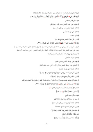 ‫قالوف ٍب قالوف بالصلة و ج معو ابن كثَت وأبو جعفر ٍب ورش غلظ الالـ (اصلَوىا)‬
‫اندر‬
‫ْ َْ‬
‫الْيَػوـ نَختِم علَى~ أَفْػواىهم وتُكلّْمنَآ أَيْديهم وتَشهد أَرجلُهم بِما كانُوا يَكسبُوف (٘ٙ)‬
‫َ ِِ ْ َ َ ُ ِ ِ ْ َ َْ ُ ُْ ُ ْ َ َ‬
‫ِْ َ‬
‫َْ ْ ُ َ‬
‫قالوف على قصر ادلنفصل‬
‫ٍب يعقوب على قصر ادلنفصل وضم اذلاء ُب (أيديهم)‬
‫ُ‬
‫ٍب قالوف بالصلة و ج معو ابن كثَت وأبو جعفر‬
‫اندر‬
‫ٍب قالوف على توسط ادلنفصل‬
‫ٍب قالوف بالصلة‬
‫ٍب ورش على طوؿ ادلنفصل و ج معو ْحزة‬
‫اندر‬
‫ولَو نَشآءُ لَطَمسنَا علَى~ أَعيُنِهم فَاستَبَػقوا الصراط فَأَنَّى يُػ ْبصروف (ٙٙ)‬
‫ّْ َ َ‬
‫ْ ِْ ْ ُ‬
‫ُِ َ‬
‫َْ َ‬
‫َْ َ‬
‫قالوف بسكوف ميم اجلمع وعلى توسط ادلتصػل وعلػى قصػر ادلنفصػل ٍب دوري بالتقليػل (فػأىن) وعلػى قصػر ادلنفصػل ٍب‬
‫رويس على قصر ادلنفصل وقرأ بالسُت (سراط) ٍب قالوف بالصلة وعلى قصر ادلنفصل و ج معو البزي وأبو جعفر‬
‫اندر‬
‫ٍب قنبل بالسُت ُب (السراط) وعلى قصر ادلنفصل وبالصلة‬
‫ٍب قالوف بتوسط ادلنفصل‬
‫ٍب دوري على توسط ادلنفصل وتقليل (فأىن)‬
‫ٍب الكسائي على توسط ادلنفصل وأماؿ (فأىن) و ج معو خلف العاشر‬
‫اندر‬
‫ٍب قالوف بالصلة على توسط ادلنفصل‬

‫ٍب ورش على طوؿ ادلنفصل وعلى فتح (فأىن) مع ترقيق الراء ُب (يػُْبصروف)‬
‫ُِ َ‬
‫ٍب ورش بالتقليل (فأىن) مع ترقيق الراء ُب (يػُْبصروف)‬
‫ُِ َ‬
‫ٍب خلف أماؿ وأشم الصاد صوت الزاي (الزراط) ٍب خالد باإلمالة فقط ُب (فأىن) وقرأ بالصاد (صراط)‬
‫ولَو نَشآءُ لَمسخنَاىم علَى مكانَتِهم فَما استَطَاعوا مضيِّا وَل يَػرجعوف (ٚٙ)‬
‫َ ْ َ َ َ ْ ُ ْ َ َ َ ِ ْ َ ْ ُ ُ ِ ََ ْ ِ ُ َ‬
‫الشاطبية ُب األنعاـ : مكانات مد النوف ُب الكل شعبة‬
‫ِ‬
‫[مكانَ ِِم : شعبة ] [مكانَتِهم : الباقوف]‬
‫ََ ْ‬
‫َ َ اهت ْ‬
‫قالوف بسكوف ميم اجلمع‬
‫ٍب شعبة قرأ بزيادة ألف بعد النوف (مكانَ ِِم)‬
‫َ َ اهت ْ‬
‫ٍب قالوف بالصلة و ج معو ابن كثَت وأبو جعفر)‬
‫اندر‬
‫ٍب ورش على طوؿ ادلتصل و ج معو خالد‬
‫اندر‬
‫ٍب خلف على طوؿ ادلتصل وبال غنة ُب (مضيِّا وال)‬
‫ُ ِ ََ‬
‫َ ِ‬
‫ومن نُػعمرهُ نُػنَكسوُ فِي الْخلْق‬
‫َ َ ْ َ ّْ ْ ّْ ْ‬

‫ّْ‬
‫[نػُنَكسو : عاصم وْحزة] [ نػَْنكسو : الباقوف]‬
‫ُْ‬
‫ْ‬

‫45‬

 