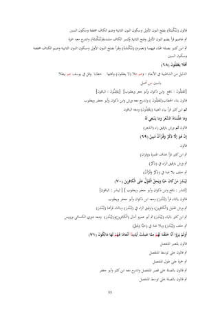 ‫قالوف (نػَْنكسوُ) بفتح النوف األوَل وسكوف النوف الثانية وضم الكاؼ سلففة وسكوف السُت‬
‫ُْ‬

‫ٍب عاصم قرأ بضم النوف األوَل وفتح الثانية كسر الكاؼ مشددة(نػُنَكسوُ) و ج معو ْحزة‬
‫ّْ ْ اندر‬
‫و‬

‫ٍب ابػػن كثػػَت بصػػلة اذلػػاء فيهمػػا (نعمػػره) (نػَْنكسػػوُ) وق ػرأ بفػػتح النػػوف األوَل وسػػكوف النػػوف الثاني ػة وضػػم الكػػاؼ سلففػػة‬
‫ُْ‬
‫وسكوف السُت‬
‫أَفََل يَػعقلُوف (ٛٙ)‬
‫َ ِْ َ‬
‫الدليل من الشاطبية ُب األنعاـ : وعم عال (ال يعقلوف) وحتتها خطابا وقل ُب يوسف عم نيطال‬
‫ياسُت من أصل‬

‫[تَػعقلُوف : نافع وابن ذكواف وأبو جعر ويعقوب] [يػَعقلُوف : الباقوف]‬
‫ِْ َ‬
‫ِْ َ‬
‫قالوف بتاء اخلطاب(تَػعقلُوف ) و ج معو ورش وابن ذكواف وأبو جعفر ويعقوب‬
‫ْ ِ َ اندر‬
‫ثم ابن كثَت قرأ بياء الغيبة (يػَعقلُوف) ومعو الباقوف‬
‫ِْ َ‬
‫ِ‬
‫وما علَّمنَاهُ ّْعر وما يَػ ْنبَغي لَوُ‬
‫َ َ َ ْ الش ْ َ َ َ‬
‫قالوف ثم ورش بًتقيق راء (الشعر)‬
‫ِ‬
‫إِف ىو إَِل ذكر وقُػرآف مبِين (ٜٙ)‬
‫ْ ُ َ َّ ْ ٌ َ ْ َ ٌ ُ ٌ‬
‫قالوف‬
‫ٍب ابن كثَت قرأ (َؼ اذلمزة (وقراف)‬
‫ِ‬
‫ٍب ورش بًتقيق الراء ُب (ذكر)‬
‫ٌْ‬
‫ٍب خلف بال غنة ُب (ذكر وقُػ ْرآَف)‬
‫ِ ٌْ َ ٌ‬
‫لِيُػ ْنذر من كاف حيِّا ويَحق الْقوؿ علَى الْكافِرين (ٓٚ)‬
‫ِ َ َ ْ َ َ َ َ ِ َّ َ ْ ُ َ‬
‫َ َِ‬
‫[لتنَر : نافع وابن ذكواف وأبو جعفر ويعقوب ] [ لينَر : الباقوف]‬
‫ِ‬
‫قالوف بالتاء قرأ (لِتُػْنَر) ومعو ابن ذكواف وأبو جعفر ويعقوب‬
‫َ‬
‫ِ‬
‫ِ‬
‫ٍب ورش تقليل (الْكافِرين) وترقيق الراء ُب (لِتُػْنَر) وبالتاء قرأىا (لِتُػْنَر)‬
‫َ‬
‫َ‬
‫َ َِ‬
‫ِ‬
‫ِ‬
‫ٍب ابن كثَت بالياء (لِيُػْنَر) ٍب أبو عمرو أماؿ (الْكافِرين)و(لِيُػْنَر) ومعو دوري الكسائي ورويس‬
‫َ‬
‫َ‬
‫َ َِ‬
‫ِ‬
‫ٍب خلف (لِيُػْنَر) وبال غنة ُب (حيِّا وػلق)‬
‫َ َ َِ َّ‬
‫َ‬
‫أَولَم يَػروا أَنَّا خلَقنَا لَهم مما عملَت أَيْدينَآ أَنْػعاما فَػهم لَها مالِكوف (ٔٚ)‬
‫َ ْ ُ ْ ِ َّ َ ِ ْ ِ َ ً ُ ْ َ َ ُ َ‬
‫َ ْ َْ‬
‫قالوف بقصر ادلنفصل‬
‫ٍب قالوف على توسط ادلنفصل‬
‫ٍب ْحزة على طوؿ ادلنفصل‬
‫ٍب قالوف بالصلة على قصر ادلنفصل و ج معو ابن كثَت وأبو جعفر‬
‫اندر‬
‫ٍب قالوف بالصلة على توسط ادلنفصل‬
‫55‬

 