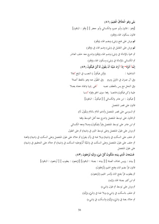 ‫بَػلَى وىو الْخَلؽ الْعلِيم (ٔٛ)‬
‫َ ُ َ َ َّ ُ َ ُ‬

‫[وىو : قالوف وأبو عمرو والكسائي وأبو جعفر ] [ وىو : الباقوف]‬
‫ََُ‬
‫َ َ‬

‫قالوف بسكوف اذلاء (وىو)‬
‫ََْ‬

‫ثم ورش على فتح (بلى) وبضم اذلاء (وىو)‬
‫ُ‬

‫ثم ورش على التقليل ُب (بلى) وضم اذلاء ُب (وىو)‬
‫ََُ‬

‫ٍب ْحزة باإلمالة ُب (بلى) وضم اذلاء (وىو) و ج معو خلف العاشر‬
‫َ ُ َ اندر‬

‫ٍب الكسائي باإلمالة ُب (بلى) وسكوف اذلاء (وىو)‬
‫ََْ‬

‫إِنَّمآ أَمرهُ~ إِذآ أَراد ش ْيئًا أَف يَػقوؿ لَوُ كن فَػيَكوف (ٕٛ)‬
‫َ ُْ َ َ َ َ ْ ُ َ ُ ْ ُ ُ‬

‫الشاطبية :‬

‫كن فيكوف ) النصب ُب الرفع كفال‬
‫(و‬
‫ُ‬

‫وُب آؿ عمراف ُب االوَل ومرمي وُب الطّوؿ عنو وىو باللفظ أعمال‬
‫وُب النحل مع يس بالعطف نصبو‬

‫كفى راويا وانقاد معناه يعمال‬

‫طيبة (كن فيكوف) فانصبا رفعا سوى احلق وقولو كسبا‬
‫[ فيكوف : ابن عامر والكسائي ] [ فيكوف : الباقوف]‬
‫ُ‬
‫َ‬
‫قالوف على قصر ادلنفصل‬
‫ٍب السوسي على قصر ادلنفصل وأدغم الالـ بالالـ (يػَقوؿ لَوُ)‬
‫ُ َ‬
‫ٍب قالوف على توسط ادلنفصل و ج معو أىل التوسط وقفا‬
‫اندر‬
‫ٍب ابن عامر على توسط ادلنفصل وقرأ (فيكوف) وصال ومعو الكسائي‬
‫َ‬
‫ٍب ورش على طوؿ ادلنفصل وعلى توسط اللُت ُب (شيئا) ٍب على الطوؿ‬
‫ٍب خلف على السكت ُب (شيئا) وبال غنة ُب (أف يقوؿ) ٍب خالد على طوؿ ادلنفصل وعلى السكت ُب (شيئا) والغنػة‬
‫ٍب خلف على طوؿ ادلنفصػل وعلػى السػكت ُب (شػيئًا أَف)وعليػو السػكت ُب (شػيئا) ٍب خػالد علػى التحقيػق ُب (شػيئا)‬
‫َْ ْ‬
‫على طوؿ ادلنفصل‬
‫فَس ْبحاف الَّذي بِيَدهِ ملَكوت كل شيء وإِلَيو تُػرجعوف (ٖٛ)‬
‫ُ َ َ ِ ِ َ ُ ُ ُ ّْ َ ْ ٍ َ ْ ِ ْ َ ُ َ‬
‫ِ‬
‫[ بيدهِ : رويس (َؼ الصلة ] [ بيده : بصلة : الباقوف] [تَػ ْرجعوف : يعقوب ] [ تُرجعوف : الباقوف]‬
‫َ‬
‫قالوف قرأ بضم التاء وفتح اجليم (تُ ْرجعوف)‬
‫ػ َُ َ‬
‫ِ‬
‫ٍب يعقوب قرأ بفتح التاء كسر اجليم (تَػ ْرجعوف)‬
‫و‬
‫ٍب ابن كثَت بصلة اذلاء (إليو)‬
‫ٍب ورش على توسط ٍب طوؿ (شيء)‬

‫َ ٍ ِ‬
‫ٍب خلف بالسكت ُب (شيء) وبال غنة ُب (شيء وإِلَْيو)‬
‫ْ َ‬
‫َ ٍ ِ‬
‫ٍب خالد بغنة ُب (شيء وإِلَْيو) والسكت ُب (شيء)‬
‫ْ َ‬
‫85‬

 
