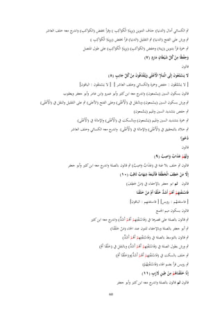 ‫ِِ َ ِ‬
‫ٍب الكسائي أماؿ (الدنيا) حَؼ التنوين (بِزينَة الْكواكِب ) وقرأ خبفض (الكواكب) و ج معو خلف العاشر‬
‫ِ اندر‬
‫َ‬
‫ِِ َ ِ‬
‫ٍب ورش على الفتح (الدنيا) ٍب التقليل (الدنيا) قرأ خبفض (بِزينَة الْكواكِب )‬
‫َ‬
‫ِ ٍِ َ ِ‬
‫ٍب ْحزة قرأ بتنوين (زينة) وخفض (الكواكب) (بِزينَة الْكواكِب) على طوؿ ادلتصل‬
‫َ‬
‫ِ ْ ِ ُ ّْ َ ٍ ِ ٍ‬
‫وحفظًا من كل ش ْيطَاف مارد (ٚ)‬
‫َ‬
‫ْ‬
‫َ‬
‫قالوف‬
‫َ َِ ْ ْ َ ْ َ َ ِ ْ ُ ّْ َ ٍ‬
‫َل يَسمعوف إِلَى الْمَل اْلَعلَى ويُػقذفُوف من كل جانِب (ٛ)‬
‫َ َّ َّ ُ َ‬
‫[ ال يَسمعوف : حفص وْحزة والكسائي وخلف العاشر ] [ ال يَسمعوف : الباقوف]‬
‫َُْ‬
‫َّ َّ ُ‬
‫قالوف بسكوف السُت (يسمعوف) و ج معو ابن كثَت وأبو عمرو وابن عامر وأبو جعفر ويعقوب‬
‫اندر‬
‫ْ‬

‫ٍب ورش بسكوف السُت (يسمعوف) وبالنقل ُب (اْألَعلَى) وعلى الفتح (األعلى) ٍب على التقليل والنقل ُب (األَعلَى)‬
‫ْ ْ‬
‫ْ‬
‫ْ‬
‫ٍب حفص بتشديد السُت وادليم (يَسمعوف)‬
‫َّ‬

‫ٍب ْحزة بتشديد السُت وادليم (يَسمعوف) وبالسكت ُب (األَعلَى) واإلمالة ُب (األَعلَى)‬
‫َّ‬
‫ْ ْ‬
‫ْ ْ‬

‫ٍب خالد بالتحقيق ُب (األَعلَى) واإلمالة ُب (األَعلَى) و ج معو الكسائي وخلف العاشر‬
‫اندر‬
‫ْ ْ‬
‫ْ ْ‬
‫دحورا‬
‫ُُ ً‬
‫قالوف‬

‫ِ‬
‫ولَهم عذاب واصب (ٜ)‬
‫َ ُ ْ ََ ٌ َ ٌ‬

‫ِ‬
‫قالوف ٍب خلف بال غنة ُب (عَاب واصب) ٍب قالوف بالصلة و ج معو ابن كثَت وأبو جعفر‬
‫اندر‬
‫ََ ٌ َ ٌ‬
‫ِ‬
‫إَِل من خطف الْخطْفةَ فَأَتْػبَػعوُ شهاب ثَاقِب (ٓٔ)‬
‫َّ َ ْ َ ِ َ َ َ‬
‫َ َ ٌ ٌ‬
‫ِ‬
‫قالوف ثم ابو جعفر باإلخفاء ُب (من خطف)‬
‫َْ َ َ‬
‫فَاستَػفتِهم أَىم أَشد خلقا أَـ من خلَقنَا‬
‫ْ ْ ِ ْ ُ ْ َ ُّ َ ْ ً ْ َ ْ َ ْ‬
‫ِ‬
‫[ فاستفتهم : رويس] [ فاستفتهم : الباقوف]‬
‫ُ‬
‫قالوف بسكوف ميم اجلمع‬

‫ٍب قالوف بالصلة على قصرىا ُب (فَاستَػفتِهم أَىم أَش ُّ) و ج معو ابن كثَت‬
‫ْ ْ ِ ْ ُ ْ َ د اندر‬

‫ٍب أبو جعفر بالصلة وباإلخفاء للنوف عند اخلاء (من خلَقنَا)‬
‫َْ َ ْ‬
‫ٍب قالوف بالتوسط بالصلة ُب (فَاستَػفتِهم أَىم أَش ُّ)‬
‫ْ ْ ِ ْ ُ ْ َد‬
‫ٍب ورش بطوؿ الصلة ُب (فَاستَػفتِهم أَىم أَش ُّ) وبالنقل ُب (خ ْلقا أَـ)‬
‫ْ ْ ِ ْ ُ ْ َد‬
‫ًَ ْ‬
‫ٍب خلف بالسكت ُب (فَاستَػفتِهم أَىم أَش ُّ)و(خ ْلقا أَـ)‬
‫ْ ْ ِ ْ ُ ْ َد َ ً ْ‬
‫ٍب رويس قرأ بضم اذلاء (فَاستَػفتِهم)‬
‫ْ ْ ُْ‬
‫َ ْ ُْ ِْ ِ ٍ َ ٍِ‬
‫إِنَّا خلَقنَاىم من طين َلزب (ٔٔ)‬

‫قالوف ثم قالوف بالصلة و ج معو ابن كثَت وأبو جعفر‬
‫اندر‬

‫06‬

 