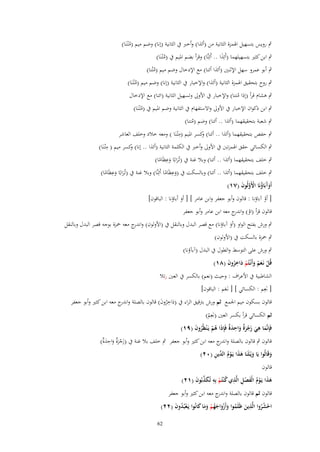 ‫ٍب رويس بتسهيل اذلمزة الثانية من (أئَا) وأخرب ُب الثانية (إنا) وضم ميم (مْتػنَا)‬
‫ُ‬
‫ٍب ابن كثَت بتسهيلهما (أَئَِا .. أَئِنَّا) وقرأ بضم ادليم ُب (مْتػنَا)‬
‫َ‬
‫ُ‬
‫ٍب أبو عمرو سهل اإلثنُت (أئَا أئنا) مع اإلدخاؿ وضم ميم (مْتنا)‬
‫ُ‬

‫ٍب روح بتحقيق اذلمزة الثانية (أئَا) واإلخبار ُب الثانية (إنا) وضم ميم (مْتػنَا)‬
‫ُ‬
‫ٍب ىشاـ قرأ (إذا متنا) واإلخبار ُب األوَل وتسهيل الثانية (ائنا) مع اإلدخاؿ‬
‫ُ‬

‫ٍب ابن ذكواف اإلخبار ُب األوَل واالستفهاـ ُب الثانية وضم ادليم ُب (مْتػنَا)‬
‫ُ‬
‫ٍب شعبة بتحقيقهما (أئَا .. أئنا) وضم (متنا)‬
‫ُ‬
‫ِ‬
‫ٍب حفص بتحقيقهما (أئَا .. أئنا) كسر ادليم (مْتػنَا ) ومعو خالد وخلف العاشر‬
‫و‬

‫ِ‬
‫ٍب الكسائي حقق اذلمزتنب ُب األوَل وأخرب ُب الكلمة الثانية (أئَا .. إنا) كسر ميم ( مْتػنَا)‬
‫و‬
‫ِ‬
‫ٍب خلف بتحقيقهما (أئَا .. أئنا) وبال غنة ُب (تُرابًا وعظَاما)‬
‫ػَ َ ً‬
‫ِ‬
‫ِ‬
‫ٍب خلف بتحقيقهما (أئَا .. أئنا) وبالسكت ُب (وعظَاما أَئِنَّا) وبال غنة ُب (تُرابًا وعظَاما)‬
‫ػَ َ ً‬
‫َ ً‬
‫أَوَبَاؤنَا اْلَولُوف (ٚٔ)‬
‫َآ ُ ْ َّ َ‬

‫[ أو آباؤنا : قالوف وأبو جعفر وابن عامر ] [ أو أباؤنا : الباقوف]‬
‫ْ‬
‫َ‬
‫قالوف قرأ (او) و ج معو ابن عامر وأبو جعفر‬
‫ْ اندر‬

‫ٍب ورش بفتح الواو (أو آباؤنا) مع قصر البدؿ وبالنقل ُب (األولوف) و ج معو ْحزة بوجو قصر البدؿ وبالنقل‬
‫اندر‬
‫َ‬

‫ٍب ْحزة بالسكت ُب (األولوف)‬

‫ٍب ورش على التوسط والطوؿ ُب البدؿ (آب)ؤنا)‬
‫قُل نَػعم وأَنْػتُم داخروف (ٛٔ)‬
‫ْ َْ َ ْ َ ُِ َ‬
‫الشاطبية ُب األعراؼ : وحيث (نعم) بالكسر ُب العُت رتال‬
‫[ نَعِم : الكسائي ] [ نػَعم : الباقوف]‬
‫َ‬
‫قالوف بسكوف ميم اجلمع ثم ورش بًتقيق الراء ُب (داخروف) قالوف بالصلة و ج معو ابن كثَت وأبو جعفر‬
‫اندر‬
‫َ ُِ َ‬
‫ثم الكسائي قرأ بكسر العُت (نَعِم)‬
‫ْ‬
‫فَِإنَّما ىي زجرٌ واحد ٌ فَِإذا ىم يَػ ْنظُروف (ٜٔ)‬
‫َ ِ َ َ ْ َة َ ِ َ ة َ ُ ْ ُ َ‬
‫قالوف ٍب قالوف بالصلة و ج معو ابن كثَت وأبو جعفر ٍب خلف بال غنة ُب (زجرٌ واحد ٌ)‬
‫َ ْ َة َ ِ َ ة‬
‫اندر‬
‫َ َ َ ْ ُ الد ِ‬
‫وقَالُوا يَا ويْػلَنَا ىذا يَػوـ ّْين (ٕٓ)‬
‫َ‬
‫قالوف‬

‫ىذا يَػوـ الْفصل الَّذي ك ْنتُم بِو تُكذبُوف (ٕٔ)‬
‫َ َ ْ ُ َ ْ ِ ِ ُ ْ ِ َ ّْ َ‬

‫قالوف ثم قالوف بالصلة و ج معو ابن كثَت وأبو جعفر‬
‫اندر‬
‫احشروا الَّذين ظَلَموا وأَزواجهم وما كانُوا يَػعبُدوف (ٕٕ)‬
‫ْ ُ ُ ِ َ ُ َ َْ َ ُ ْ َ َ َ‬
‫ُْ َ‬
‫26‬

 
