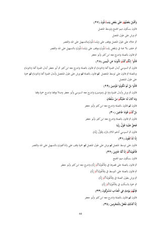 ‫َ ػ َ ْ ُُ ْ َ ْ ٍ‬
‫وأَقْبَل بَػعضهم علَى بَػعْ يَػتَسآءلُوف (ٕٚ)‬
‫َ َ‬
‫قالوف بسكوف ميم اجلمع وتوسط ادلتصل‬

‫ٍب ورش على طوؿ ادلتصل‬
‫ٍب خالد على طوؿ ادلتصل ووقف على (يػَتَس)ءَلُوف)بالتسهيل على ادلد والقصر‬
‫َ‬

‫ْ ٍ‬
‫ٍب خلف بال غنة ُب (بػَعض يػَتَس)ءَلُوف) ووقف على (يػَتَس)ءَلُوف) بالتسهيل على ادلد والقصر‬
‫َ‬
‫َ‬
‫ٍب قالوف بالصلة و ج معو ابن كثَت وأبو جعفر‬
‫اندر‬

‫َِ ِ ِ‬
‫قَالُوآ إِنَّكم ك ْنتُم تَأْتُونَػنَا عن الْيَمين (ٕٛ)‬
‫ُْ ُ ْ‬

‫قالوف ٍب السوسي أبدؿ اذلمزة ألفا (تاتوننا) ٍب قالوف بالصلة و ج معو ابن كثَت ٍب أبو جعفر أبدؿ اذلمزة ألفا (تاتوننا)‬
‫اندر‬

‫وبالصلة ٍب قالوف على توسط ادلنفصل ثم قالوف بالصلة ثم ورش على طوؿ ادلنفصل وأبدؿ اذلمزة ألفا (تاتوننا) ثم ْحزة‬
‫على طوؿ ادلنفصل‬

‫ِ‬
‫قَالُوا بَل لَم تَكونُوا مؤمنِين (ٜٕ)‬
‫ْ ْ ُ ُْ َ‬

‫قالوف ٍب ورش وأبدؿ اذلمزة واوا ُب (مومنُت) و ج معو السوسي وأبو جعفر وصال ووقفا و ج ْحزة وقفا‬
‫اندر‬
‫اندر‬
‫َ َ َ ُ ِ ْ ٍ‬
‫وما كاف لَنَا علَْيكم من سلطَاف‬
‫ََ‬
‫ْ ْ ُ‬
‫قالوف ثم قالوف بالصلة و ج معو ابن كثَت وأبو جعفر‬
‫اندر‬
‫ِ‬
‫بَل ك ْنتُم قَػوما طَاغين (ٖٓ)‬
‫ْ ُ ْ ًْ‬
‫َ‬
‫قالوف ٍب قالوف بالصلة و ج معو ابن كثَت وأبو جعفر‬
‫اندر‬
‫فَحق علَْيػنَا قَػوؿ ربّْػنَا‬
‫َ َّ َ‬
‫ُْ َ‬
‫قالوف ٍب السوسي أدغم الالـ بالراء (قَػوؿ ربػّْنَا)‬
‫ُْ َ‬
‫إِنَّا لَذآئِقوف (ٖٔ)‬
‫َ ُ َ‬
‫قالوف على توسط ادلتصل ثم ورش على طوؿ ادلتصل ثم ْحزة وقف على (لَآئقوف) بالتسهيل على ادلد والقصر‬
‫فَأَغويْػنَاكم إِنَّا كنَّا غَاوين (ٕٖ)‬
‫َْ ُ ْ ُ ِ َ‬
‫قالوف بسكوف ميم اجلمع‬

‫ٍب قالوف بالصلة على قصرىا ُب (فَأَغويْػنَاكم إِنَّا) و ج معو ابن كثَت وأبو جعفر‬
‫اندر‬
‫َْ ُ ْ‬
‫ٍب قالوف بالصلة على التوسط ُب (فَأَغويْػنَاكم إِنَّا)‬
‫َْ ُ ْ‬
‫ٍب ورش بطوؿ الصلة ُب (فَأَغويْػنَاكم إِنَّا)‬
‫َْ ُ ْ‬

‫ٍب ْحزة بالسكت ُب (فَأَغويْػنَاكم إِنَّا)‬
‫َْ ُ ْ‬
‫ٍ‬
‫ِ‬
‫فَِإنَّهم يَػومئِذ فِي الْعذاب مشتَ كوف (ٖٖ)‬
‫َ َ ِ ُ ْ رُ َ‬
‫ػُ ْ ْ َ‬
‫قالوف ثم قالوف بالصلة و ج معو ابن كثَت وأبو جعفر‬
‫اندر‬
‫ِ‬
‫إِنَّا كذلِك نَػفعل بِالْمجرمين (ٖٗ)‬
‫ََ َ َْ ُ ُ ِْ َ‬
‫46‬

 