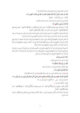 ‫ِ‬
‫ٍب قالوف بالصلة وعلى توسط ادلنفصل وأبدؿ اذلمزة ألفا (مْنساتَوُ )‬
‫َ‬
‫ََ ِ ُِ ِ‬
‫فَػلَما خر تَػبَػيَّػنَت الْجن أَف لَو كانُوا يَػعلَموف الْغَْيب ما لَبِثُوا فِي الْعذاب الْمهين (ٗٔ)‬
‫ِ ِ ُّ ْ ْ َ‬
‫ْ ُ َ‬
‫َّ َ َّ‬
‫َ َ‬
‫[ تُػبُػيّْنت : رويس ] [ تَػبَػيَّػنَت : الباقوف]‬
‫ِ‬
‫قالوف ٍب رويس قرأ بضم التاء والباء كسر الياء مشددة ُب (تُػبُػيّْػنَت)‬
‫و‬
‫َ ْ َ ِ ْ آة‬
‫لَقد كاف لِسبٍَإ فِي مسكنِهم َيٌَ‬
‫َْ َ َ َ‬
‫ِ‬
‫[لِسػػبَأَ : البػػزي وأبػػو عمػػرو فػػتح اذلمػػزة ][لِسػػبَأْ : قنبػػل سػػكن اذلمػػزة ][لِسػػبٍَإ : البػػاقوف][ مسػكنِهم : حفػػص وْحػػزة فػػتح‬
‫ََْ ْ‬
‫َ‬
‫َ‬
‫َ‬
‫َِ‬
‫ِِ‬
‫الكاؼ][مسكنِهم : الكسائي وخلف العاشر كسر الكاؼ ][مساكنِهم :الباقوف]‬
‫َْ ْ‬
‫َْ ْ‬
‫قالوف قرأ (لِسبٍإ ُِب مساكنِ‬
‫ِ‬
‫َ َ َ ْ َ هم) لسبأ بالتنوين رلرورة ومساكن باجلمع ٍب قالوف بالصلة على القصر و ج معو أبو جعفر‬
‫اندر‬
‫ْ‬
‫ِ‬
‫ٍب قالوف على التوسط بالصلة ٍب ورش بطوؿ الصلة ( لِسبٍَإ ُِب مساكنِهم) مع (ٖ) البدؿ ُب (آية)‬
‫َْ َ ْ‬
‫َ‬
‫ِ‬
‫ٍب حفػػص (لِسػػبٍَإ ُِب مسػكنِهم) فػػتح الكػػاؼ وعلػػى توحيػػد (مسػػكنهم) وانػ ج معػػو ْحػػزة بوجػػو التحقيػػق ٍب خلػػف فػػتح‬
‫ػدر‬
‫ََْ ْ‬
‫َ‬
‫ِ‬
‫الكاؼ (لِسبٍإ ُِب مسكنِهم) وبالسكت ُب (مسكنِهم آَيػ ٌ) ٍب الكسػائي كسػر الكػاؼ( لِسػبٍإ ُِب مسػكنِ ِ‬
‫َِ‬
‫َِ‬
‫َ َ َ ْ هم) وأمػاؿ (آَيػَ ٌ)‬
‫ة‬
‫َ ْ ْ َة‬
‫ْ‬
‫ََ َ ْ ْ‬
‫ِ‬
‫ٍب خلف العاشر كسر الكاؼ( لِسبٍإ ُِب مسكنِ ِ‬
‫َ َ َ ْ هم) بدوف إمالة ُب (آَيٌَ)‬
‫ة‬
‫ْ‬
‫ِ‬
‫ٍب البزي قرأ بفتح اذلمزة ُب (لِسبَأَ ُِب مساكنِهم) واجلمع ُب مساكنهم وبالصلة ُب ميم اجلمع ٍب أبو عمرو ضلو البزي قرأ‬
‫َْ َ ْ‬
‫َ‬
‫بفتح اذلمزة ُب (لِسبأَ ُِب مساكنِ‬
‫ِ‬
‫َ ْ َ هم) واجلمع ُب مساكنهم ولكن بدوف صلة ادليم ٍب قنبل ضلو البزي إال أنو سكن اذلمزة‬
‫ََ‬
‫ْ‬
‫ِ‬
‫ُب (لِسبَأْ ُِب مساكنِهم) واجلمع ُب مساكنهم وبالصلة ُب ميم اجلمع‬
‫َْ َ ْ‬
‫َ‬
‫َ ِ َْ ِ ٍ ِ ٍ‬
‫جنَّتَاف عن يَمين وشماؿ‬
‫َ َ‬
‫قالوف ٍب خلف بال غنة (ؽلُِت وِ‬
‫ٍ‬
‫َ ٍ َمشَاؿ)‬
‫ُ ِ ِ‬
‫كلُوا من رزؽ ربّْكم واشكروا لَوُ‬
‫ْ ِْ َ ُ ْ َ ْ ُ ُ‬
‫قالوف ٍب قالوف بالصلة و ج معو ابن كثَت وأبو جعفر‬
‫اندر‬
‫بَػلد ٌ طَيّْبَ ٌ ورب غَفور (٘ٔ)‬
‫ْ َ ة ة َ َ ّّ ُ ٌ‬

‫قالوف ثم أبو جعفر باإلخفاء التنوين عند الغُت (ورب غفور) ثم خلف بال غنة (طَيّْبَ ٌ ورب)‬
‫ة َ َ ّّ‬
‫َ َ ّّ َ ُ ٌ‬
‫ْ َ ُ ْ َ َ ِ ْ َ َ َ ِِ َ َّ ُ ْ َ ِ ْ َ ِ َ ْ ُ ٍ َ ْ ٍ َ ٍ َ َ ْ ٍ ِ ْ ِ ْ ٍ ٍ‬
‫فَأَعرضوا فَأَرسلْنَا علَْيهم س ْيل الْعرـ وبَدلْنَاىم بِجنَّتَػ ْيهم جنَّتَػ ْين ذَواتَي أُكل خمط وأَثْل وشيء من سدر قَلِيل (ٙٔ)‬

‫الشاطبية ُب البقرة : وحي مثا (أكلُها) ذكراً وُب الغَت ذو حال‬
‫ْ‬

‫الطيبة : وأكلها شغل أتى حرب‬
‫ْ‬
‫َ‬
‫ُ ٍ َ ٍ‬
‫ُ ِ َ ٍ‬
‫ْ ٍ َ ٍ‬
‫[أُك ػ ػػل َخْ ػ ػػط :نػ ػ ػػافع واب ػ ػػن كث ػ ػػَت] [أُكػ ػ ػػل َخْ ػ ػػط : أب ػ ػػو عمػ ػ ػػرو ويعق ػ ػػوب ] [أُك ػ ػػل َخْػ ػ ػػط : الب ػ ػػاقوف][عليهم : ْحػ ػ ػػزة‬
‫ُ‬
‫ِ‬
‫ويعقوب][عليهم: الباقوف]‬
‫ٍْ‬
‫قػػالوف قػرأ بإسػػكاف كػػاؼ (أُكػػل ) وبػػالتنوين ٍب ورش بسػػكوف الكػػاؼ وتوسػػط (شػػيء) وبالنقػػل ُب (ذواتيُكػػل) ٍب طػػوؿ‬
‫ْ‬
‫اللُت (شيء)‬

‫7‬

 