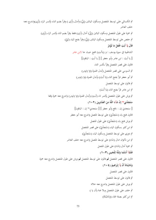 ‫ٍب الكسػػائي علػػى توسػػط ادلنفصػػل وسػػكوف اليػػائُت (إِِن) وأمػػاؿ (أَرى ) وق ػرأ بضػػم التػػاء كسػػر ال ػراء (تُرى)وانػ ج معػػو‬
‫ِ ػدر‬
‫و‬
‫ّْ‬
‫َ‬
‫خلف العاشر‬
‫ِ‬
‫ٍب ْحزة على طوؿ ادلنفصل وسكوف اليائُت (إِِن) أماؿ (أرى) فقط وقرأ بضم التاء كسر الراء (تُرى)‬
‫و‬
‫ّْ‬

‫ٍب حفص على توسط ادلنفصل وسكوف اليائُت (إِِن) وقرأ بفتح الياء (بػٍُت)‬
‫ّْ‬
‫ََّ‬
‫ِ‬
‫قَاؿ يَآ أَبَت افْػعل ما تُػؤمر‬
‫َ‬
‫َ ْ َ ْ َُ‬
‫ِ‬
‫الشاطبية ُب سورة يوسف : و (ياأبت) افتح حيث جا البن عامر‬
‫ِ‬
‫[ يا أبت : ابن عامر وأبو جعفر ] [ يا أبت : الباقوف]‬
‫َ‬
‫قالوف على قصر ادلنفصل وقرأ بكسر التاء‬
‫ٍب السوسي على قصر ادلنفصل وأبدؿ اذلمزة واوا (تومر)‬
‫ٍب أبو جعفر قرأ بفتح التاء (يَا أَبَت) وأبدؿ اذلمزة واوا (تومر)‬
‫َ‬
‫ٍب قالوف على توسط ادلنفصل‬

‫ٍب ابن عامر قرأ بفتح التاء (يَا أَبَت)‬
‫َ‬

‫ِ‬
‫ٍب ورش على طوؿ ادلنفصل كسر تاء (أبت) وأبدؿ اذلمزة واوا (تومر) و ج معو ْحزة وقفا‬
‫اندر‬
‫و‬
‫ِ‬
‫ستَجدنِي~ إِف شآء اللَّوُ من الصابِرين (ٕٓٔ)‬
‫َ ُِ‬
‫َ َّ ِ َ‬
‫ْ َ َ‬
‫[ ستجدِنَ إف : نافع وأبو جعفر ] [ ستجدِن~ إف : الباقوف]‬
‫ِ‬
‫قالوف فتح ياء (ستَجدِِنَ) على توسط ادلتصل و ج معو أبو جعفر‬
‫اندر‬
‫َ ُ‬
‫ِ‬
‫ٍب ورش فتح ياء (ستَجدِِنَ) على طوؿ ادلتصل‬
‫َ ُ‬
‫ِ‬
‫ٍب ابن كثَت بسكوف الياء (ستَجدِِن) على قصر ادلنفصل‬
‫َ ُ ْ‬
‫ِ‬
‫ٍب دوري على توسط ادلنفصل وسكوف الياء (ستَجدِِن)‬
‫َ ُ ْ‬
‫ٍب ابن ذكواف اماؿ (شاءَ) على توسط ادلتصل و ج معو خلف العاشر‬
‫اندر‬
‫َ‬

‫ٍب ْحزة أماؿ (شاءَ) على طوؿ ادلتصل‬
‫َ‬
‫َ ِ‬
‫فَػلَمآ أَسلَما وتَػلَّوُ لِلْجبِين (ٖٓٔ)‬
‫َّ ْ َ َ‬
‫قالوف على قصر ادلنفصل ثم قالوف على توسط ادلنفصل ثم ورش على طوؿ ادلنفصل و ج معو ْحزة‬
‫اندر‬
‫ِ‬
‫ونَاديْػنَاهُ أَف يَآ إِبْػراىيم (ٗٓٔ)‬
‫ْ‬
‫َ َ‬
‫َ ُ‬
‫قالوف على قصر ادلنفصل‬
‫ٍب قالوف على توسط ادلنفصل‬
‫ٍب ورش على طوؿ ادلنفصل و ج معو خالد‬
‫اندر‬
‫ٍب خلف على طوؿ ادلنفصل وبال غنة (أف يا )‬
‫ٍب ابن كثَت بصلة اذلاء (ونَاديْػنَاهُ)‬
‫َ َ‬
‫57‬

 