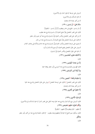 ‫ٍب ورش على توسط ٍب طوؿ البدؿ ُب (اآلخرين)‬
‫ٍب ْحزة بالسكت ُب (اآلخرين)‬
‫ٍب ابن كثَت بصلة اذلاء (عليو)‬
‫ْ ِ‬
‫سَلـ علَى~ إِؿ يَاسين (ٖٓٔ)‬
‫ََ ٌ َ‬
‫َ‬
‫[ ءاؿ ياسُت :نافع وابن عامر ويعقوب ] [ إؿ ياسُت : الباقوف]‬
‫ْ‬
‫قالوف على قصر ادلنفصل وقرأ بفتح اذلمزة (آؿ ياسُت) و ج معو يعقوب‬
‫اندر‬
‫ٍب ابن كثَت على قصر ادلنفصل وبكسر اذلمزة (إِؿ يَاسُت) و ج معو أبو عمرو وأبو جعفر‬
‫ْ ِ َ اندر‬
‫ٍب قالوف على توسط ادلنفصل وقرأ بفتح اذلمزة (آؿ ياسُت) و ج معو ابن عامر‬
‫اندر‬
‫ٍب دوري على توسط ادلنفصل وبكسر اذلمزة (إِؿ يَاسُت) و ج معو عاصم والكسائي وخلف العاشر‬
‫ْ ِ َ اندر‬
‫ٍب ورش على طوؿ ادلنفصل وفتح اذلمزة (آؿ) مع (ٖ) البدؿ (آؿ)‬
‫ْ ِ‬
‫ٍب ْحزة على طوؿ ادلنفصل وبكسر اذلمزة (إِؿ يَاسُت)‬
‫َ‬
‫ِ‬
‫إِنَّا كذلِك نَجزي الْمحسنِين (ٖٔٔ)‬
‫ََ َ ِْ ُ ْ َ‬

‫قالوف‬
‫ِ‬
‫ِ ِ ِ‬
‫إِنَّوُ من عبَادنَا الْمؤمنِين (ٕٖٔ)‬
‫ْ‬
‫ُْ َ‬

‫قالوف ثم ورش (ادلومنُت) و ج معو السوسي وأبو جعفر ووقفا ْحزة‬
‫اندر‬
‫ِ‬
‫َ َّ‬
‫وإِف لُوطًا لَمن الْمرسلِين (ٖٖٔ)‬
‫َ ُْ َ َ‬
‫قالوف‬
‫ِ‬
‫إِذ نَج ْيػنَاهُ وأَىلَوُ~ أَجمعين (ٖٗٔ)‬
‫ْ َّ َ ْ‬
‫َْ َ‬
‫قالوف على قصر ادلنفصل ٍب قالوف على توسط ادلنفصل ٍب ورش على طوؿ ادلنفصل و ج معو ْحزة‬
‫اندر‬
‫ٍب ابن كثَت بصلة اذلاء (صليناه)‬
‫َّ َ ً ِ‬
‫إَِل عجوزا في الْغَابِرين (ٖ٘ٔ)‬
‫ُ‬
‫َِ‬
‫قالوف‬
‫ثُم دمرنَا اْلَخرين (ٖٙٔ)‬
‫َّ َ َّ ْ ْ َ ِ َ‬

‫قالوف ٍب ورش مع (ٖ) البدؿ و ج معو ْحزة بوجو النقل على قصر البدؿ ٍب ْحزة بالسكت ُب (اآلخرين)‬
‫اندر‬
‫ِ‬
‫وإِنَّكم لَتَمروف علَْيهم مصبِحين (ٖٚٔ)‬
‫َ ُ ْ ُ ُّ َ َ ِ ْ ُ ْ َ‬
‫ِ‬
‫[ عليهم : ْحزة ويعقوب] [ عليهم : الباقوف]‬
‫ُ‬

‫قالوف بسكوف ميم اجلمع ٍب ْحزة قرأ (عليهم) ومعو يعقوب ٍب قالوف بالصلة واندرج معو ابن كثَت وأبو جعفر‬
‫ُ‬

‫َ ِ‬
‫وبِاللَّْيل‬
‫قالوف‬

‫97‬

 