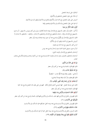 ‫ٍب قالوف على توسط ادلنفصل‬

‫ِ‬
‫ٍب خالد على طوؿ ادلنفصل بالتحقيق ُب (اآلَخرةِ)‬
‫ْ َ‬
‫ِ‬
‫ٍب ورش على طوؿ ادلنفصل مع (ٖ) البدؿ (اآلَخرةِ) والنقل ُب (اآلخرة) وترقيق الراء ُب (اآلخرة)‬
‫ْ َ‬
‫ٍب ْحزة على طوؿ ادلنفصل وبالسكت ُب (اآلخرة) وتفخيم راؤىا‬
‫ِ‬
‫ُ َِ َ ِ‬
‫أَؤنْزؿ علَْيو الذكر من بَػ ْينِنَا‬
‫ّْ ْ ُ ْ‬
‫[ أأنزؿ : قالوف وأبو جعفر بالتسهيل مع اإلدخاؿ ووجو ذلشػاـ كقػالوف ورش وابػن كثػَت ورويػس بالتسػهيل أبػو عمػرو‬
‫بالتسهيل مع اإلدخاؿ كو ىشاـ بالتحقيق مع اإلدخاؿ والتحقيق بال إدخاؿ والباقوف : بالتحقيق بال إدخاؿ ]‬
‫وتر‬
‫قالوف بالتسهيل واإلدخاؿ ُب (أَؤنْزؿ) و ج معو أبو عمرو بوجو وىشاـ بوجو وأبو جعفر‬
‫ُ َِ اندر‬
‫ّْ‬
‫ٍب ورش بالتسهيل ُب الثانية وترقيق الراء ُب (الَكر)‬
‫ُْ‬
‫ٍب ابن كثَت بالتسهيل مع صلة اذلاء ُب (عليو)‬

‫ٍب أبو عمرو بتسهيل اذلمزة الثانية بدوف إدخاؿ و ج معو رويس‬
‫اندر‬
‫ٍب ىشاـ بالتحقيق مع اإلدخاؿ (الوجو الثاِن)‬
‫ٍب ىشػػاـ بػػالتحقيق بػػاذلمزتُت بػػدوف إدخػػاؿ (الوجػػو الثالػػث) وانػ ج معػػو ابػػن ذك ػواف وعاصػػم وْحػػزة والكسػػائي وخلػػف‬
‫ػدر‬
‫العاشر‬
‫َ ٍّ ِ ْ ِ ْ ِ‬
‫بَل ىم فِي شك من ذكري‬
‫ْ ُْ‬
‫قالوف ثم قالوف بالصلة و ج معو ابن كثَت وأبو جعفر‬
‫اندر‬
‫ََ ِ‬
‫بَل لَما يَذوقُوا عذاب (ٛ)‬
‫ْ َّ ُ‬

‫[ عَايب : يعقوب وقفا ووصال ][ عَاب : الباقوف]‬

‫قالوف ثم يعقوب قرأ بالياء وقفا ووصال (عَايب)‬
‫ْ ِ َ ُ ْ َ َ ُ َ ْ َ ِ َ َ َ ِ ِ َى ِ‬
‫أَـ ع ْندىم خزآئِن رحمة ربّْك الْعزيز الْو َّاب (ٜ)‬

‫ِْ‬
‫قالوف على توسط ادلتصل ثم السوسي أدغم (خزائِن رْحَة) ثم ورش على طوؿ ادلد ادلتصل و ج معو ْحزة‬
‫اندر‬
‫ََ ُ َ‬
‫ثم قالوف بالصلة و ج معو ابن كثَت وأبو جعفر‬
‫اندر‬
‫ِ‬
‫أَـ لَهم ملْك السماوات واْلَرض وما بَػ ْيػنَػهما‬
‫ْ ُ ْ ُ ُ َّ َ َ َ ْ ْ ِ َ َ ُ َ‬
‫قالوف ثم ورش بالنقل ُب (األرض) ثم خلف بالسكت ُب (األرض) ثم قالوف بالصلة و ج معو ابن كثَت وأبو جعفر‬
‫اندر‬
‫ْ ْ ِ‬
‫فَػليَػرتَػقوا فِي اْلَسبَاب (ٓٔ)‬
‫ُْْ‬
‫قالوف ثم ورش بالنقل ُب (األسباب) و ج معو بوجو النقل ْحزة ثم ْحزة بالسكت ُب (األسباب)‬
‫اندر‬
‫ُ ٌ َ ُ َ َُْ ٌ ِ َ ْ َْ ِ‬
‫ج ْند ما ىنَالِك مهزوـ من اْلَحزاب (ٔٔ)‬
‫قالوف ٍب ورش بالنقل ُب (األحزاب) و ج معو بوجو النقل ْحزة ٍب ْحزة بالسكت ُب (األحزاب)‬
‫اندر‬
‫ٍ ٌَ َ ُ ْ ِ‬
‫كذبَت قَػ ْبػلَهم قَػوـ نُوح وعاد وفِرعوف ذُو اْلَوتَاد (ٕٔ)‬
‫َ َّ ْ ُ ْ ْ ُ‬
‫ْ‬
‫َ َْ ْ‬
‫68‬

 