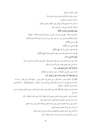 ‫قالوف بسكوف ميم اجلمع‬
‫ٍب ورش بالنقل ُب (األوتاد) و ج معو بوجو النقل خالد‬
‫اندر‬
‫ٍب خالد بالسكت ُب (األوتاد)‬
‫ٍب خلف بال غنة (نوح وعاد و) ووقف على (األوتاد) بالنقل والسكت‬
‫ٌ ٌ‬

‫ٍب قالوف بالصلة و ج معو ابن كثَت وأبو جعفر‬
‫اندر‬
‫ٍ‬
‫ْ َِ‬
‫وثَمود وقَػوـ لُوط وأَصحاب اْلَيْكة‬
‫َ ُ ُ َ ُْ‬
‫َ َْ ُ‬
‫[ وأصحاب لَْيكة : نافع وابن عامر وأبو جعفر وابن كثَت ] [ وأصحاب األيكة : الباقوف]‬
‫َ‬

‫قالوف قرأ (لَْيكة) ومعو ورش وابن عامر وأبو جعفر وابن كثَت وابتداء فيها بالالـ ادلفتوحة (لَْيكة)‬
‫َ‬
‫َ‬
‫ْ َِ‬
‫ثم ابو عمرو (األَيْكة)‬
‫ْ َِ‬
‫ثم الكسائي أماؿ (األَيْكة)‬
‫ْ َِ‬
‫ثم خالد وقف بالنقل وبالسكت في (األَيْكة)‬
‫ْ َِ‬
‫ٍ‬
‫ثم خلف بال غنة (لوط وأصحاب) ووقف بالنقل وبالسكت في (األَيْكة)‬
‫أُولَئِك اْلَحزاب (ٖٔ)‬
‫َ ْ َْ ُ‬
‫قالوف على توسط ادلتصل ٍب ورش على طوؿ ادلتصل ووقف بالنقل على (األحزاب) و ج معو ْحزة‬
‫اندر‬

‫ٍب ْحزة على طوؿ ادلتصل ووقف على (األحزاب) بالسكت‬
‫ْ ُ ل َّ َ َّ َ ُّ ُ َ َّ ِ َ ِ‬
‫إِف ك ّّ إَِل كذب الرسل فَحق عقاب (ٗٔ)‬
‫َ‬
‫ُ ل َّ‬
‫ُ ل َّ‬
‫قالوف ٍب ورش بالنقل ُب (ك ّّ إِال) ٍب خلف بالسكت ُب (ك ّّ إِال)‬
‫ِ‬
‫ِ‬
‫ِ‬
‫ٍ‬
‫وما يَػ ْنظُر ىؤْلء إَِل ص ْيحةً واحدةً ما لَها من فَػواؽ (٘ٔ)‬
‫َ َ ُ َ ُ َ َّ َ َ َ َ َ َ ْ َ‬
‫َ َُ ِ َّ‬
‫[ىالآلء إِال : قػالوف والبػزي : سػهال األوَل ورش وقنبػل وأبػو جعفػر ورويػس : سػهلوا الثانيػة ورش وقنبػل : وجػو ثػاف :‬
‫إبػػداذلا يػػاء مػػع اإلشػػباع أبػػو عمػػرو أسػػقط األوَل مػػع القصػػر وادلػػد والبػػاقوف : بػػالتحقيق ][ فُػواؽ : ْحػػزة والكسػػائي‬
‫وخلف العاشر ] [ فَػواؽ : الباقوف]‬
‫َ‬
‫قالوف على قصر ادلنفصل وقرأ (ىػالال ِ‬
‫َّ‬
‫َ َُ ء إِال) سػهل األوَل مػع ادلػد ومعػو البػزي ٍب قػالوف بتسػهيل األوَل مػع القصػر وان ج‬
‫ػدر‬
‫معو البزي‬
‫ِ‬
‫ِ‬
‫ٍب قنبل على قصر ادلنفصل وتوسط ادلتصل وتسهيل الثانية (ىالالء اِال) ٍب قنبل بادلد(ٙ) (ىالالء ~يال)‬
‫ٍب أبو عمرو على قصر ادلنفصل وأسقط األوَل أو الثانية بالقصر وادلد‬
‫ٍب قالوف على توسط ادلنفصل ٍب دوري على توسط ادلنفصل وبإسقاط األوَل على توسط ادلنفصل‬
‫ٍب ابن عامر على توسط ادلنفصل وحقق اذلمزتُت‬
‫ٍ‬
‫ٍب الكسائي على توسط ادلنفصل وقرأ (فُػواؽ) بضم الفاء و ج معو خلف العاشر‬
‫اندر‬
‫َ‬
‫ِ‬
‫ٍب ورش بالتسهيل للثانية ٍب ورش بادلد (ٙ) كات (ىالالء ~يال)‬
‫حر‬
‫78‬

 