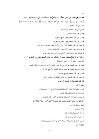 ‫قالوف‬

‫ِ ّْ ِ‬
‫ّْ َ ْ ِ ْ ْ ِ‬
‫َ ْ ِ‬
‫خصماف بَػغَى بَػعضنَا علَى بَػعْ فَاحكم بَػ ْيػنَػنَا بِالْحق وَل تُشطط واىدنَآ إِلَى سوآء الصراط (ٕٕ)‬
‫َ‬
‫ْ ُ َ ْ ٍ ُْْ‬
‫َ‬
‫َ َ‬
‫َ‬
‫َ‬

‫[سراط : قنبل ورويس ] [ صراط : خلف عن ْحزة باإلمشاـ صوت الزاي ] [ صراط : بصاد خالصة : الباقوف]‬

‫قالوف على قصر ادلنفصل‬
‫ٍب قنبل على قصر ادلنفصل وقرأ (سراط)‬
‫ٍب قالوف على توسط ادلنفصل‬
‫ٍب ورش على طوؿ ادلنفصل وعلى الفتح ُب (بغى)‬
‫ٍب ورش على طوؿ ادلنفصل وعلى التقليل ُب (بغى)‬
‫ٍب خلف على طوؿ ادلنفصل وأماؿ (بغى) وقرأ باإلمشاـ ُب (صراط) صوت الزاي‬
‫ٍب خالد على طوؿ ادلنفصل وأماؿ (بغى) وقرأ بالصاد (صراط)‬
‫ٍب الكسائي على توسط ادلتصل وأماؿ (بغى) و ج معو خلف العاشر‬
‫اندر‬
‫َّ َ ِ‬
‫ِ ِ‬
‫إِف ىذآ أَخي لَوُ تِسع وتِسعوف نَػعجةً ولِي نَػعج ٌ واحد ٌ فَػقاؿ أَكفلْنِيها وعزنِي فِي الْخطَاب (ٖٕ)‬
‫ْ ٌ َ ْ ُ َ ْ َ َ َ ْ َ ة َ ِ َ ة َ َ ْ ِ َ َ َ َّ‬
‫َ‬
‫[وِل نعجة : حفص ] [ وِل نعجة : الباقوف]‬
‫ْ‬
‫َ‬
‫قالوف على قصر ادلنفصل ثم السوسي على قصر ادلنفصل وأدغم النوف بالنوف (وتِسعوف نػَعجةً)‬
‫َ ُْ َ ْ َ‬
‫ٍب قالوف بتوسط ادلنفصل ثم حفص بتوسط ادلنفصل وقرأ بفتح الياء (ِل)‬
‫َ‬
‫ٍب ورش على طوؿ ادلنفصل و ج معو خالد‬
‫اندر‬

‫ٍب خلف على طوؿ ادلنفصل وبال غنة ُب (نػَعجةً وِِل)و (نػَعج ٌ واحد ٌ)‬
‫ْ َة َ ِ َة‬
‫َْ ََ‬
‫ِِ‬
‫قَاؿ لَقد ظَلَمك بِسؤاؿ نَػعجتِك إِلَى نِعاجو‬
‫َ َ ْ َ َ َُ ِ ْ َ َ‬
‫َ‬
‫قالوف باإلظهار‬

‫َِ‬
‫ٍب ورش أدغم الداؿ بالظاء (لَقد ظَلَمك) وغلظ الالـ مع (ٖ) البدؿ (بِسالاؿ)‬
‫َْ َ َ‬
‫ُ‬

‫ٍب دوري أدغم الداؿ بالظاء (لَقد ظَلَمك)‬
‫َْ َ َ‬

‫ٍب السوسي أدغم الالـ بالالـ (قَاؿ لَقد)والداؿ بالظاء ( لَقد ظَلَمك )‬
‫َ َْ‬
‫َْ َ َ‬
‫ِ‬
‫ٍ َّ ِ‬
‫َّ ِ‬
‫َِ‬
‫وإِف كثِيرا من الْخلَطَآء لَيَْبغي بَػعضهم علَى بَػعْ إَِل الَّذين َمنُوا وعملُوا الصالِحات‬
‫َ َّ َ ً ِ َ ُ‬
‫ِ ْ ُُ ْ َ ْ‬
‫َ‬
‫َ آَ َ‬
‫قالوف بسكوف ميم اجلمع‬
‫ٍب قالوف بالصلة‬
‫ْ ٍ َّ‬
‫ٍب ْحزة بالتحقيق ُب (بػَعض إِال)‬

‫ْ ٍ َّ‬
‫ٍب خلف السكت ُب (بػَعض إِال)‬

‫ْ ٍ َّ‬
‫ٍب ورش بالنقل ُب (بػَعض إِال) مع (ٖ) البدؿ ُب (آَمنُوا) وترقيق راء (كثَتا)‬
‫َ‬
‫وقَلِيل ما ىم‬
‫َ ٌ َ ُْ‬
‫98‬

 