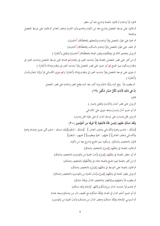 ‫قالوف قرأ (باعد) ٍب قالوف بالصلة و ج معو أبو جعفر‬
‫اندر‬
‫ٍب قالوف على توسط ادلنفصل و ج معو ابن ذكواف وعاصم وأبو احلارث وخلف العاشر ٍب قالوف على توسط ادلنفصل‬
‫اندر‬
‫وبالصلة‬
‫ِ‬
‫ٍب ْحزة على طوؿ ادلنفصل وقرأ (باعد) وبالتحقيق (فَجع ْلنَاىم أَحاديث)‬
‫ََ ُ ْ َ َ‬
‫ِ‬
‫ٍب خلف على طوؿ ادلنفصل وقرأ (باعد) بالسكت (فَجع ْلنَاىم أَحاديث)‬
‫ََ ُ ْ َ َ‬
‫ِ‬
‫َْ ِ‬
‫ٍب ورش وتفخيم الالـ ُب (وظَلَموا) وطوؿ الصلة (فَجع ْلنَاىم أَحاديث) وتقليل (أَسفارنَا )‬
‫ََ ُ ْ َ َ‬
‫َ ُ‬
‫ٍب ابن كثَت علػى قصػر ادلنفصػل بالصػلة وقػرأ بتشػديد العػُت ُب (بعػد) ثػم ىشػاـ علػى توسػط ادلنفصػل وتشػديد العػُت ُب‬
‫ّ‬
‫َْ ِ‬
‫(بعد) وسكوف ميم اجلمع ثم أبو عمرو على قصر ادلنفصل وقرأ بتشديد العُت ُب (بعد) وإمالة (أَسفارنَا )‬
‫ّ‬
‫ّ‬
‫َْ ِ‬
‫ٍب دوري على توسط ادلنفصل وقرأ بتشديد العُت ُب (بعد) وإمالة (أَسفارنَا ) ثم دوري الكسػائي قػرأ (ربػَّنَػا بَاعػد) وأمػاؿ‬
‫َ ِْ‬
‫ّ‬
‫َْ ِ‬
‫(أَسفارنَا )‬
‫ٍب يعقوب قرأ برفع الباء (ربػُّنَا بَاعد) وزاد ألف بعد الباء وفتح العُت (باعد) على قصر ادلنفصل‬
‫َ ِْ‬
‫َ‬
‫َ َ ٍ ُ ّْ َ ٍ َ ُ ٍ‬
‫َّ‬
‫إِف فِي ذَلِك ْلَيَات لِكل صبَّار شكور (ٜٔ)‬
‫قالوف‬
‫ٍب ورش على قصر البدؿ (آليات) وتقليل (صبار )‬
‫ٍب أبو عمرو أماؿ (صبار) ومعو دوري علي الكسائي‬
‫ٍب ورش قلل (صبار) على توسط البدؿ ٍب على طولو قلل (صبار)‬
‫ِ‬
‫ِ‬
‫ولَقد صدؽ علَْيهم إِبْلِيس ظَنَّوُ فَاتَّػبَػعوهُ إَِل فَريقا من الْمؤمنِين (ٕٓ)‬
‫َ َ ْ َ َّ َ َ ِ ْ‬
‫ُ َّ ِ ً َ ُ ْ َ‬
‫ُ‬
‫[ص َّؽ : عاصػم وْحػزة والكسػائي وخلػف العاشػر ] [صػدؽ : الباقوف]ولقػد صػدؽ : ادغػم أليب عمػرو وىشػاـ وْحػزة‬
‫ََ َ‬
‫َد َ‬
‫ِ‬
‫والكسائي وخلف العاشر] [ عليهم : ْحزة ويعقوب] [ عليهم : الباقوف]‬
‫ُ‬
‫قالوف بالتخفيف (صدؽ) وسكوف ميم اجلمع و ج معو ابن ذكواف‬
‫اندر‬
‫ََ َ‬
‫ِ‬
‫ٍب قالوف بالصلة ُب (علَْيهم إِبْلِيس) بالتخفيف (صدؽ)‬
‫ََ َ‬
‫َ ْ ُ‬
‫ِ‬
‫ٍب أبو جعفر بالصلة ُب (علَْيهم إِبْلِيس) وأبدؿ اذلمزة من (ادلومنُت) بالتخفيف (صدؽ)‬
‫ََ َ‬
‫َ ْ ُ‬

‫ٍب ابن كثَت بالصلة مبيم اجلمع والصلة باذلاء ُب (فَاتَّبَػعوهُ) بالتخفيف (صدؽ)‬
‫ََ َ‬
‫ػُ‬
‫ِ‬
‫ٍب قالوف بالصلة على التوسط ُب (علَْيهم إِبْلِيس) بالتخفيف (صدؽ)‬
‫ََ َ‬
‫َ ْ ُ‬
‫ِ‬
‫ٍب ورش بطوؿ الصلة ُب (علَْيهم إِبْلِيس) وأبدؿ اذلمزة من (ادلومنُت) بالتخفيف (صدؽ)‬
‫ََ َ‬
‫َ ْ ُ‬
‫ٍب يعقوب قرأ (عليهم) وباإلظهار والتخفيف للداؿ (ولقد صدؽ)‬
‫ْ ََ َ‬
‫ُ‬

‫ٍب عاصم قرأ بتشديد الداؿ من(ص َّؽ) وأظهر اإلدغاـ (لقد صدؽ)‬
‫َد َ‬
‫ّ‬

‫ٍب أبو عمرو أدغم الداؿ ُب الصاد (ولَقد ص َّؽ) مع ختفيف داؿ من (صدؽ) ومعو ىشاـ‬
‫َ َ ْ َد َ‬
‫َ‬

‫ٍب السوسي اإلدغاـ (ولَقد صدؽ) وخفف الداؿ من (صدؽ) وأبدؿ اذلمزة من (ادلومنُت)‬
‫َ َْ ََ َ‬
‫َ‬
‫9‬

 