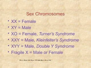 Sex Chromosomes
•
•
•
•
•
•

XX = Female
XY = Male
XO = Female, Turner’s Syndrome
XXY = Male, Kleinfelter’s Syndrome
XYY = Male, Double Y Syndrome
Fragile X = Male or Female
Berch & Bender (1987); Berger, K. S. (2006); Doyle & Paludi (1998).

1

 