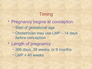 Timing
• Pregnancy begins at conception
– Start of gestational age
– Obstetrician may use LMP – 14 days
before conception

• Length of pregnancy
– 266 days, 38 weeks, or 9 months
– LMP = 40 weeks
4

 
