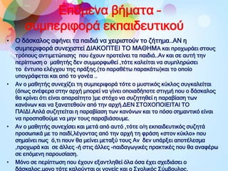 Δπόκελα βήκαηα –
ζπκπεξηθνξά εθπαηδεπηηθνύ
• Ο δάζθαινο αθήλεη ηα παηδηά λα ρεηξηζηνύλ ην δήηεκα..ΑΝ ε
ζπκπεξηθνξά ζπλερηζηεί ΓΙΑΚΟΠΣΔΙ ΣΟ ΜΑΘΗΜΑ θαη πξνρσξάεη ζηνπο

•

•

•

ηξόπνπο αληηκεηώπηζεο πνπ έρνπλ πξνηείλεη ηα παηδηά..Αλ θαη ζε απηή ηελ
πεξίπησζε ν καζεηήο δελ ζπκκνξθσζεί ,ηόηε θαιείηαη λα ζπκπιεξώζεη
ην έληππν ειέγρνπ ηεο πξάμεο.(ην παξαζέησ παξαθάησ)θαη ην νπνίν
ππνγξάθεηαη θαη από ην γνλέα ..
Αλ ν καζεηήο ζπλερίδεη ηε ζπκπεξηθνξά ηόηε ν κπζηηθόο θύθινο ζπγθαιείηαη
(όπσο αλέθεξα ζηελ αξρή κπνξεί λα γίλεη νπνηαδήπνηε ζηηγκή πνπ ν δάζθαινο
ζα θξίλεη όηη είλαη απαξαίηεην )κε ζηόρν λα ζπδεηεζεί ε παξαβίαζε ησλ
θαλόλσλ θαη λα μαλαηεζνύλ από ηελ αξρή.ΓΔΝ ΢ΣΟΥΟΠΟΙΔΙΣΑΙ ΣΟ
ΠΑΙΓΙ.Απιά ζπδεηείηαη ε παξαβίαζε ησλ θαλόλσλ θαη ην πόζν ζεκαληηθό είλαη
λα πξνζπαζνύκε λα κελ ηνπο παξαβηάζνπκε.
Αλ ν καζεηήο ζπλερίζεη θαη κεηά από απηό ,ηόηε ν/ε εθπαηδεπηηθόο ζπδεηά
πξνζσπηθά κε ην παηδί,ιέγνληαο από ηελ αξρή ηε θξάζε «ζηνλ θύθιν» πνπ
ζεκαίλεη πσο ό,ηη πνπλ ζα κείλεη κεηαμύ ηνπο Αλ δελ ππάξμεη απνηέιεζκα
,πξνρσξά θαη ζε άιιεο -ή ζηηο άιιεο -παηδαγσγηθέο πξαθηηθέο πνπ ζα αλαθέξσ
ζε επόκελε παξνπζίαζε.
Μόλν ζε πεξίπησζε πνπ έρνπλ εμαληιεζεί όια όζα έρεη ζρεδηάζεη ν
δάζθαινο,κνλν ηόηε θαινύληαη νη γνλείο θαη ν ΢ρνιηθόο ΢ύκβνπινο.

 