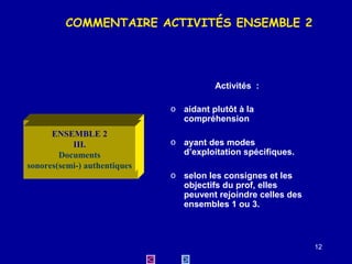 COMMENTAIRE ACTIVITÉS ENSEMBLE 2

Activités :
o aidant plutôt à la
compréhension
ENSEMBLE 2
III.
Documents
sonores(semi-) authentiques

o ayant des modes
d’exploitation spécifiques.
o selon les consignes et les
objectifs du prof, elles
peuvent rejoindre celles des
ensembles 1 ou 3.

12

 
