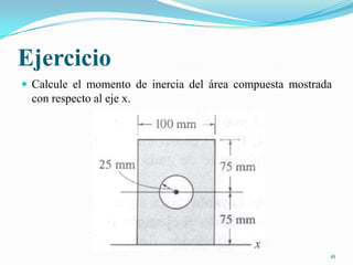 Ejercicio
 Calcule el momento de inercia del área compuesta mostrada

con respecto al eje x.

16

 