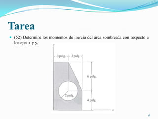 Tarea
 (52) Determine los momentos de inercia del área sombreada con respecto a

los ejes x y y.

18

 