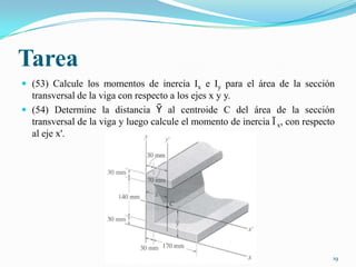 Tarea
 (53) Calcule los momentos de inercia Ix e Iy para el área de la sección

transversal de la viga con respecto a los ejes x y y.
 (54) Determine la distancia Ῡ al centroide C del área de la sección
transversal de la viga y luego calcule el momento de inercia Ī x, con respecto
al eje x'.

19

 