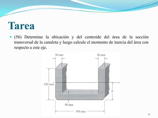 Tarea
 (56) Determine la ubicación y del centroide del área de la sección

transversal de la canaleta y luego calcule el momento de inercia del área con
respecto a este eje.

21

 