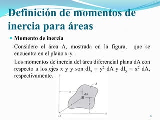 Definición de momentos de
inercia para áreas
 Momento de inercia

Considere el área A, mostrada en la figura, que se
encuentra en el plano x-y.
Los momentos de inercia del área diferencial plana dA con
respecto a los ejes x y y son dIx = y2 dA y dIy = x2 dA,
respectivamente.

6

 