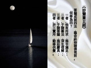 菩
何薩
四三二一等成
者者者者為就
、、、、四四
於于于他？法
三諸諸有 ，
寶菩善所 臨
所薩法求 命
，，，， 終
勤施深施 時
修莊生令 諸
供嚴信滿 佛
養具解足 現
。；；； 前
。

《
妙
慧
童
女
經
》

 