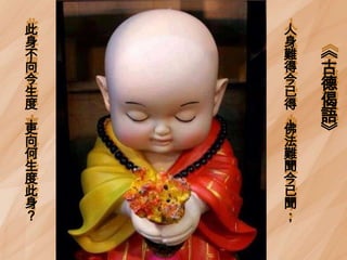 此
身
不
向
今
生
度
，
更
向
何
生
度
此
身
？

人
身
難
得
今
已
得
，
佛
法
難
聞
今
已
聞
；

《
古
德
偈
語
》

 