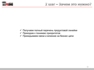  Получаем полный перечень продуктовой линейки
 Приходим к понимаю приоритетов
 Прикидываем связи и влияние на бизнес цели

12

 