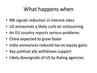 What happens when
•
•
•
•
•
•
•

RBI signals reduction in interest rates
US announces a likely curb on outsourcing
An EU country reports serious problems
China expected to grow faster
India announces reduced tax on equity gains
Key political ally withdraws support
Likely downgrade of US by Rating agencies

 