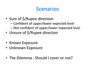 Scenarios
• Sure of $/Rupee direction
– Confident of upper/lower expected level
– Not confident of upper/lower expected level

• Unsure of $/Rupee direction
• Known Exposure
• Unknown Exposure

• The Dilemma : Should I cover or not?

 