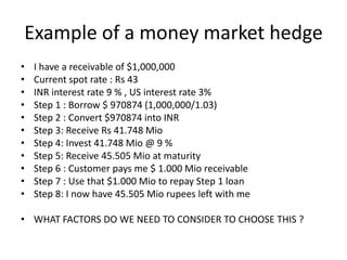 Example of a money market hedge
•
•
•
•
•
•
•
•
•
•
•

I have a receivable of $1,000,000
Current spot rate : Rs 43
INR interest rate 9 % , US interest rate 3%
Step 1 : Borrow $ 970874 (1,000,000/1.03)
Step 2 : Convert $970874 into INR
Step 3: Receive Rs 41.748 Mio
Step 4: Invest 41.748 Mio @ 9 %
Step 5: Receive 45.505 Mio at maturity
Step 6 : Customer pays me $ 1.000 Mio receivable
Step 7 : Use that $1.000 Mio to repay Step 1 loan
Step 8: I now have 45.505 Mio rupees left with me

• WHAT FACTORS DO WE NEED TO CONSIDER TO CHOOSE THIS ?

 