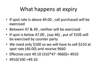 What happens at expiry
• If spot rate is above 49.00 , call purchased will be
exercised
• Between 47 & 49 , neither will be exercised
• If spot is below 47.00 , (say 46) , put of 310$ will
be exercised by counter party
• We need only $100 so we will have to sell $210 at
spot rate (46.00) and receive 9660
• Effective cost 49.10 (310*47 -9660)= 4910
• 4910/100 =49.10

 