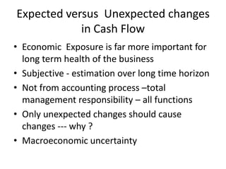 Expected versus Unexpected changes
in Cash Flow
• Economic Exposure is far more important for
long term health of the business
• Subjective - estimation over long time horizon
• Not from accounting process –total
management responsibility – all functions
• Only unexpected changes should cause
changes --- why ?
• Macroeconomic uncertainty

 