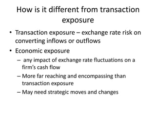How is it different from transaction
exposure
• Transaction exposure – exchange rate risk on
converting inflows or outflows
• Economic exposure
– any impact of exchange rate fluctuations on a
firm’s cash flow
– More far reaching and encompassing than
transaction exposure
– May need strategic moves and changes

 