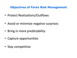 Objectives of Forex Risk Management

• Protect Realizations/Outflows
• Avoid or minimize negative surprises
• Bring in more predictability
• Capture opportunities

• Stay competitive

 