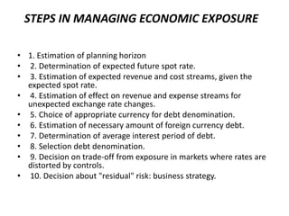 STEPS IN MANAGING ECONOMIC EXPOSURE
• 1. Estimation of planning horizon
• 2. Determination of expected future spot rate.
• 3. Estimation of expected revenue and cost streams, given the
expected spot rate.
• 4. Estimation of effect on revenue and expense streams for
unexpected exchange rate changes.
• 5. Choice of appropriate currency for debt denomination.
• 6. Estimation of necessary amount of foreign currency debt.
• 7. Determination of average interest period of debt.
• 8. Selection debt denomination.
• 9. Decision on trade-off from exposure in markets where rates are
distorted by controls.
• 10. Decision about "residual" risk: business strategy.

 