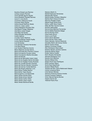 Karolina Grissel Lara Ramírez
Larissa Langner Romero
Laura Daniela Aguirre Aguilar
Laura Elizabeth Paredes Ramírez
Laura H. Lima Muñiz
Laurentino Velázquez Durán
Leonardo Meza Aguilar
Leticia Araceli Martínez Zárate
Leticia G. López Juárez
Leticia Margarita Alvarado Díaz
Lilia Beatriz Ortega Villalobos
Lilia Elena Juárez Vargas
Lilia Mata Hernández
Liliana Morales Hernández
Lizette Zaldívar
Lourdes Castro Martínez
Lucila Guadalupe Vargas Padilla
Lucina García Cisneros
Luis Fernández
Luis Gerardo Cisneros Hernández
Luis Reza Reyes
Luis Tonatiuh Martínez Aroche
María Alejandra Acosta García
María Antonieta Ilhui Pacheco Chávez
María Concepción Europa Juárez
María Concepción Medina González
María de Ibarrola
María de las Mercedes López López
María de los Ángeles García González
María de los Ángeles Huerta Alvarado
María de Lourdes Romero Ocampo
María del Carmen Rendón Camacho
María del Carmen Tovilla Martínez
María del Rosario Martínez Luna
María Esther Padilla Medina
María Esther Tapia Álvarez
María Eugenia Luna Elizarrarás
María Teresa Aranda Pérez
María Teresa Arroyo Gámez
María Teresa Carlos Yáñez
María Teresa López Castro
María Teresa Sandoval Sevilla

Mariano Martín G.
Maribel Espinosa Hernández
Marissa Mar Pecero
Martha Estela Tortolero Villaseñor
Martha Ruth Chávez Enríquez
Mauricio Rosales Avalos
Miguel Ángel Dávila Sosa
Nancy Judith Nava Castro
Nelly del Pilar Cervera Cobos
Nonitzin Maihualida
Norma Erika Martínez Fernández
Norma Nélida Reséndiz Melgar
Norma Romero Irene
Oscar Isidro Bruno
Oscar Luna Prado
Oscar Osorio Beristain
Oscar Román Peña López
Óscar Salvador Ventura Redondo
Oswaldo Martín del Campo Núñez
Ramón Guerra Araiza
Rebeca Contreras Ortega
Rita Holmbaeck Rasmussen
Roberto Renato Jiménez Cabrera
Rosendo Bolivar Meza
Rubén Galicia Castillo
Ruth Olivares Hernández
Samaria Rodríguez Cruz
Sandra Ortiz Martínez
Sandra Villeda Ávila
Sergio Pavel Cano Rodríguez
Silvia Campos Olguín
Sonia Daza Sepúlveda
Susana Villeda Reyes
Teresita del Niño Jesús Maldonado Salazar
Urania Lanestosa Baca
Uriel Garrido Méndez
Verónica Florencia Antonio Andrés
Vicente Oropeza Calderón
Víctor Manuel García Montes
Virginia Tenorio Sil
Yolanda Pizano Ruiz

 