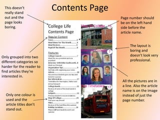 This doesn’t
really stand
out and the
page looks
boring.

Only grouped into two
different categories so
harder for the reader to
find articles they’re
interested in.

Only one colour is
used and the
article titles don’t
stand out.

Contents Page
Page number should
be on the left hand
side before the
article name.
The layout is
boring and
doesn’t look very
professional.

All the pictures are in
a line. Also the article
name is on the image
instead of just the
page number.

 