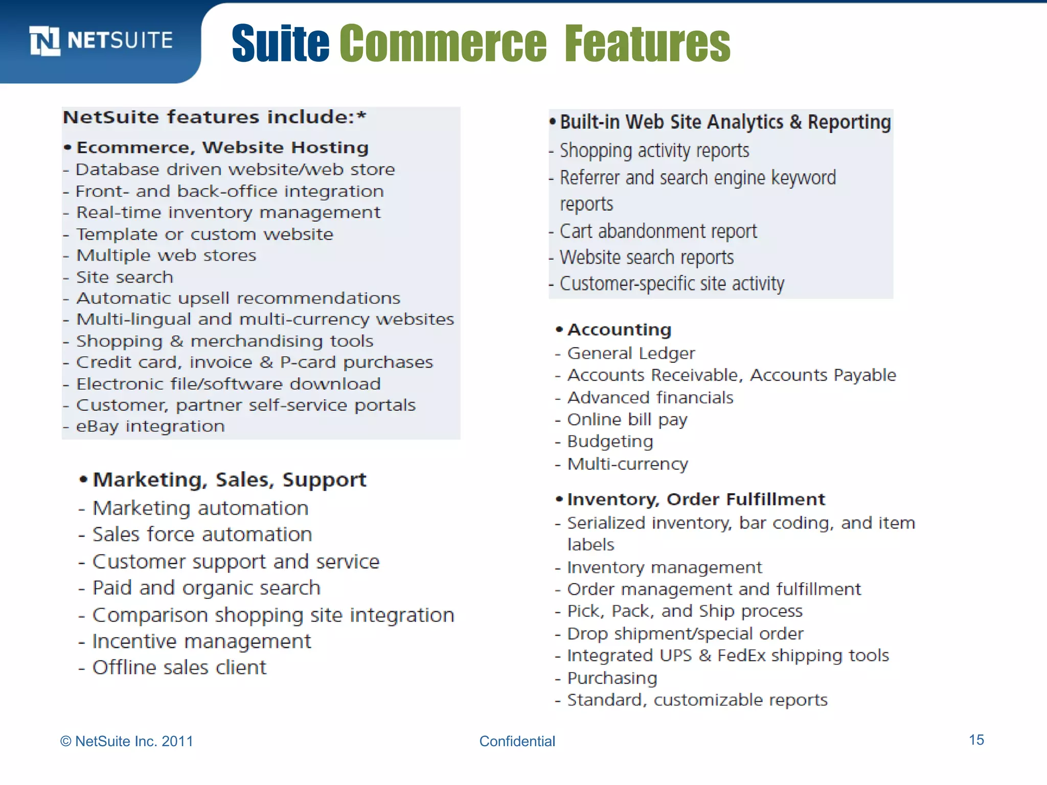 Suite Commerce Features
© NetSuite Inc. 2011 Confidential 15
 