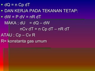  dQ = n Cp dT
 DAN KERJA PADA TEKANAN TETAP:
 dW = P dV = nR dT
MAKA ; dU = dQ – dW
nCv dT = n Cp dT – nR dT
ATAU ; Cp – Cv R
R= konstanta gas umum
 