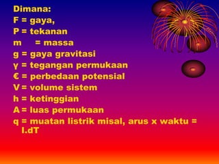 Dimana:
F = gaya,
P = tekanan
m = massa
g = gaya gravitasi
γ = tegangan permukaan
€ = perbedaan potensial
V = volume sistem
h = ketinggian
A = luas permukaan
q = muatan listrik misal, arus x waktu =
I.dT
 