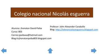 Colegio nacional Nicolás esguerra
Profesor: John Alexander Caraballo
Blog: http://teknonicolasesguerra.blogspot.com
Alumno: Jhonatan David Paiba
Curso: 803
Correo:jpaibaaa@hotmail.com
Blog:ticjhonatanpaiba803.blogspot.com
 