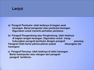 Lanjut
a) Paragraf Pembuka: ialah letaknya di bagian awal
karangan. Berisi pengantar atau pembuka karangan.
Digunakan untuk menarik perhatian pembaca.
b) Paragraf Pengembang atau Penghubung: ialah letaknya
di bagian tengah karangan. Digunakan untuk meng-
hubungkan paragraf pembuka dengan paragraf penutup.
Paragraf inilah berisi pikiran-pikiran pokok dituangkan (isi
karangan)
c) Paragraf Penutup: ialah letaknya di akhir karangan.
Berisi kesimpulan atau ulangan dari paragraf-
paragraf terdahulu.
 