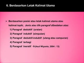 6. Berdasarkan Letak Kalimat Utama
 Berdasarkan posisi atau letak kalimat utama atau
kalimat topik; Jenis atau tife paragraf dibedakan atas:
1) Paragraf deduktif (uraian)
2) Paragraf induktif (simpulan)
3) Paragraf deduktif-induktif (ulang atau campuran)
4) Paragraf terbagi
5) Paragraf Ineratif (Asul Wiyanto, 2004 : 13)
 