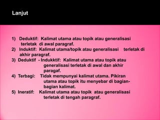 Lanjut
1) Deduktif: Kalimat utama atau topik atau generalisasi
terletak di awal paragraf.
2) Induktif: Kalimat utama/topik atau generalisasi terletak di
akhir paragraf.
3) Deduktif - Indukktif: Kalimat utama atau topik atau
generalisasi terletak di awal dan akhir
paragaf.
4) Terbagi: Tidak mempunyai kalimat utama. Pikiran
utama atau topik itu menyebar di bagian-
bagian kalimat.
5) Ineratif: Kalimat utama atau topik atau generalisasi
terletak di tengah paragraf.
 