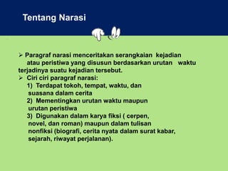 NARASI
.
Tentang Narasi
 Paragraf narasi menceritakan serangkaian kejadian
atau peristiwa yang disusun berdasarkan urutan waktu
terjadinya suatu kejadian tersebut.
 Ciri ciri paragraf narasi:
1) Terdapat tokoh, tempat, waktu, dan
suasana dalam cerita
2) Mementingkan urutan waktu maupun
urutan peristiwa
3) Digunakan dalam karya fiksi ( cerpen,
novel, dan roman) maupun dalam tulisan
nonfiksi (biografi, cerita nyata dalam surat kabar,
sejarah, riwayat perjalanan).
 