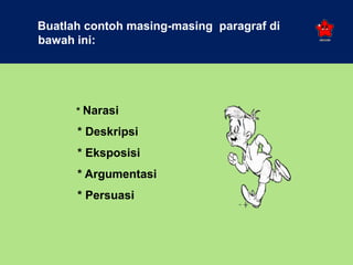 NARASI
* Narasi
* Deskripsi
* Eksposisi
* Argumentasi
* Persuasi
Buatlah contoh masing-masing paragraf di
bawah ini:
 