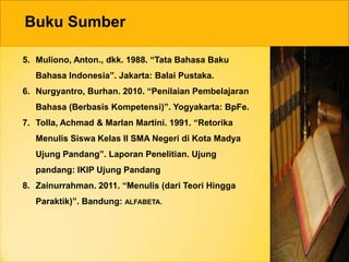 Buku Sumber
5. Muliono, Anton., dkk. 1988. “Tata Bahasa Baku
Bahasa Indonesia”. Jakarta: Balai Pustaka.
6. Nurgyantro, Burhan. 2010. “Penilaian Pembelajaran
Bahasa (Berbasis Kompetensi)”. Yogyakarta: BpFe.
7. Tolla, Achmad & Marlan Martini. 1991. “Retorika
Menulis Siswa Kelas II SMA Negeri di Kota Madya
Ujung Pandang”. Laporan Penelitian. Ujung
pandang: IKIP Ujung Pandang
8. Zainurrahman. 2011. “Menulis (dari Teori Hingga
Paraktik)”. Bandung: ALFABETA.
 