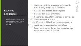 Recursos
Requeridos
• Coordinador de Nómina para la entrega de
novedades y recepción de informes
• Gerente de Proyecto de la Empresa
• Gerente de Cuenta QUANTUM
• Personal de QUANTUM asignado al Servicio de
Outsourcing de Nómina
• Call Center para aclaración de inquietudes y
registro de requerimientos específicos
• Todos los procesos del servicio se realizarán a
través de la Nube QUANTUM
Para la prestación del servicio de
Outsourcing de Nomina Integrity
son requeridos los siguientes
recursos:
 
